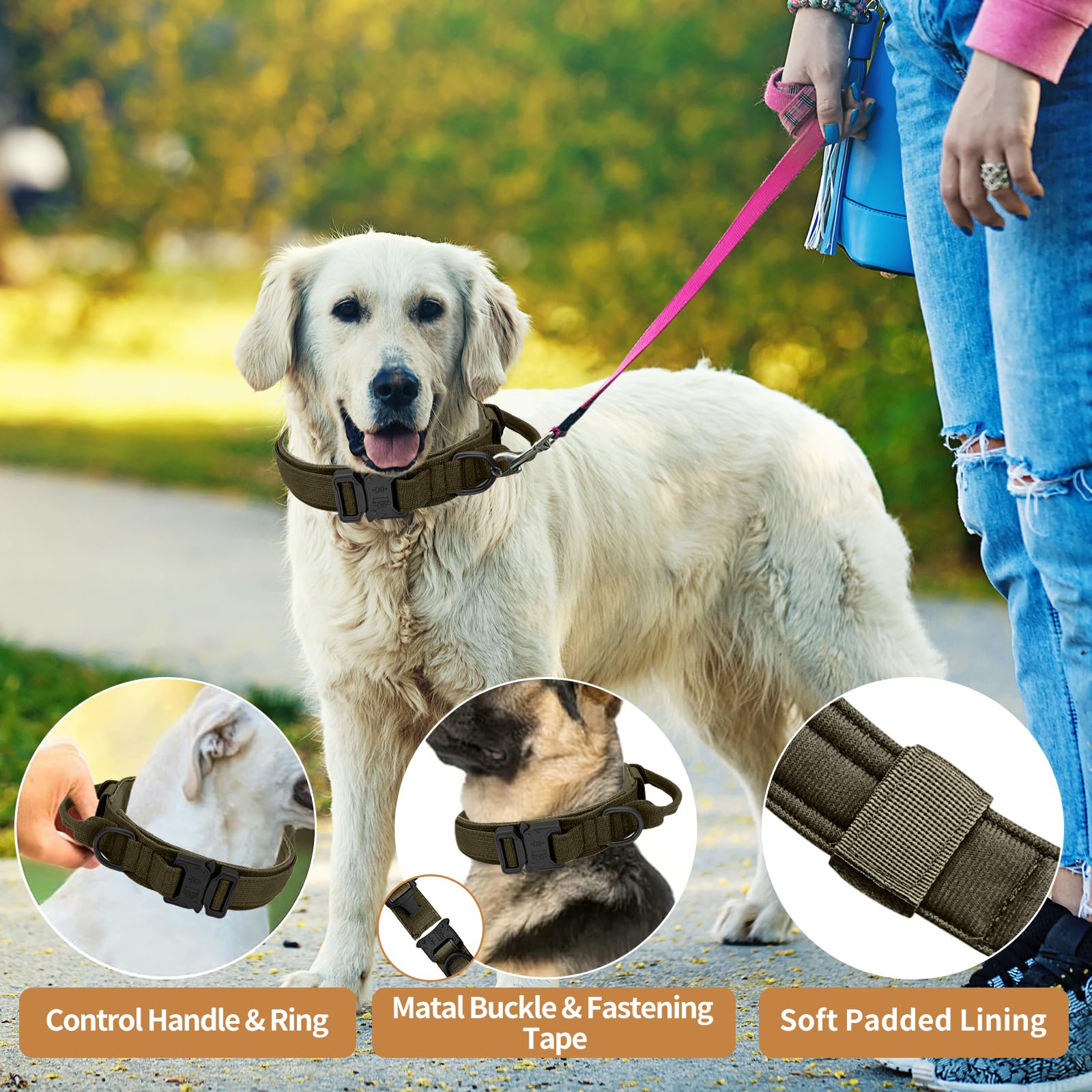 Tactical Military Dog Collar - Adjustable Heavy Duty Metal Buckle Nylon Collar With Control Handle For Small To Large Dogs (Gree
