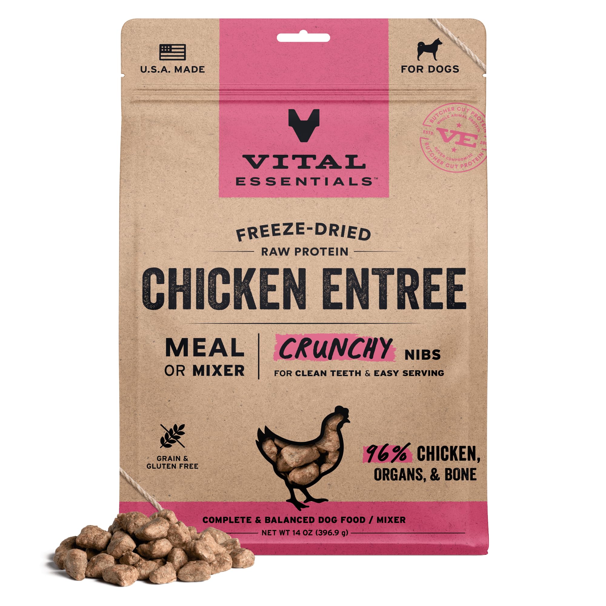 Vital Essentials Freeze-Dried Raw Dog Food, Chicken Crunchy Nibs | Complete Meal or Mixer | High Protein Dog Food | 14 oz