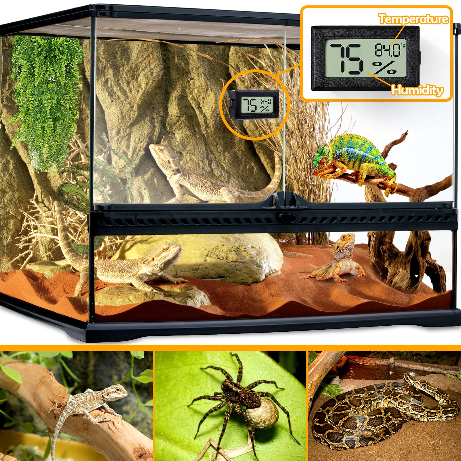 4 Pcs Rectangle Reptile Thermometer And Humidity Gauge For Bearded Dragon Accessories, Reptile Tank Accessories For Jumping Spid