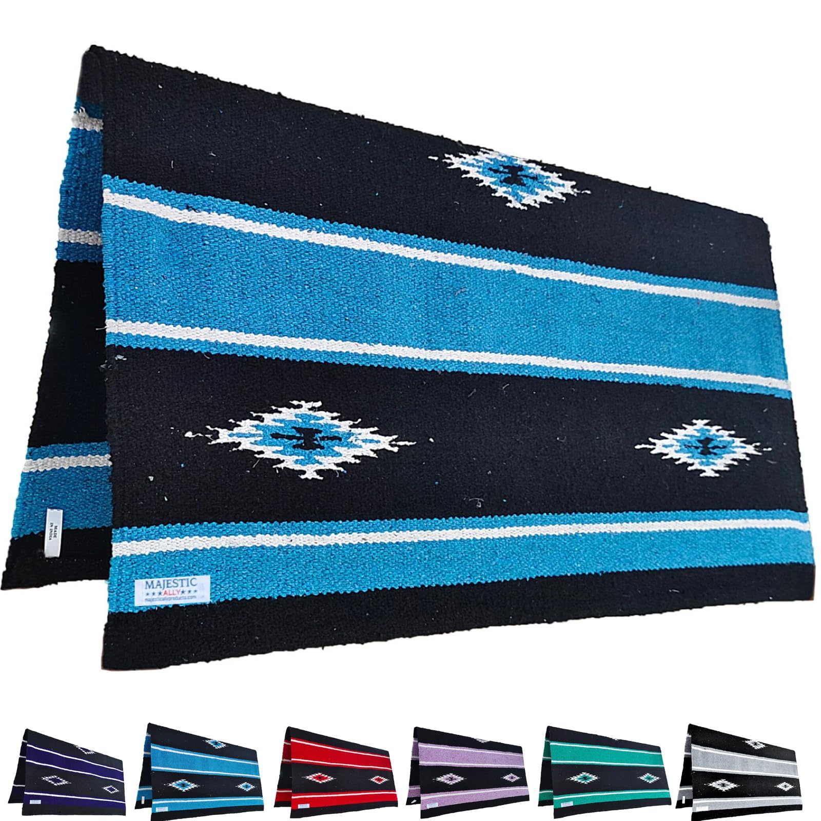 Majestic Ally 36''X 34'' Navajo Design Acrylic Saddle Blanket -2.4 Lbs (Hurricane Blue And Black)