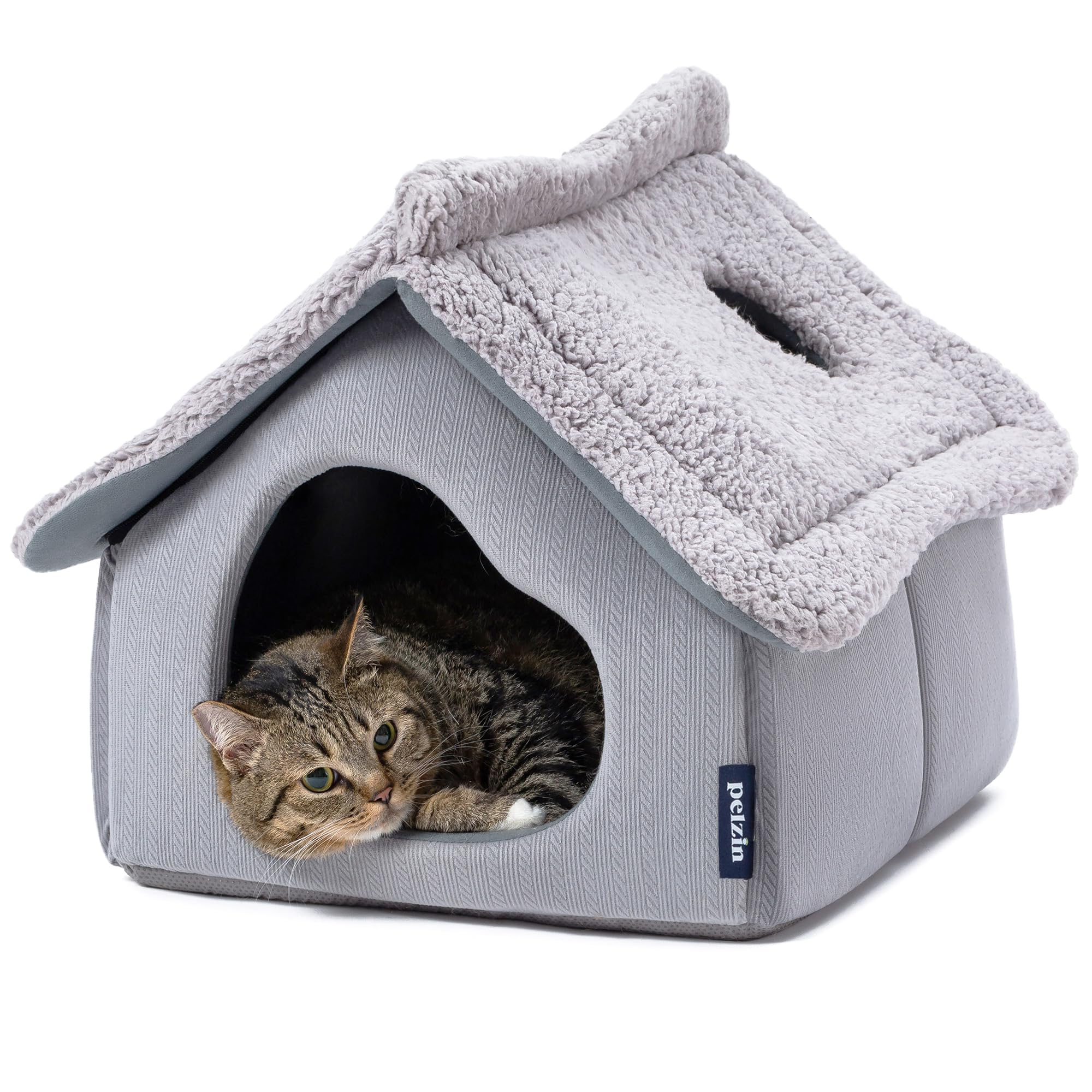 Pelzin Cat Houses For Indoor Cats - Large Cat Cave Bed With Removable Support Foam And Washable 2-Side Mat - Covered Cat Bed For