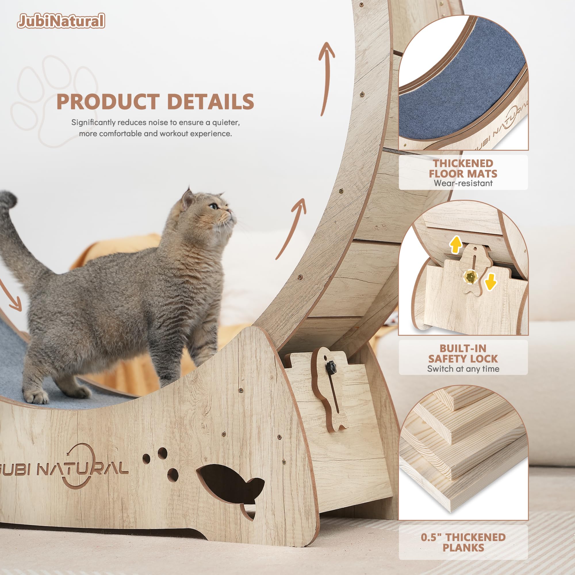 Jubinatural Cat Exercise Wheel, 33.9'' Cat Running Wheel For Indoor Cats With Quiet Carpeted Runway, Cats Treadmill Wheels With