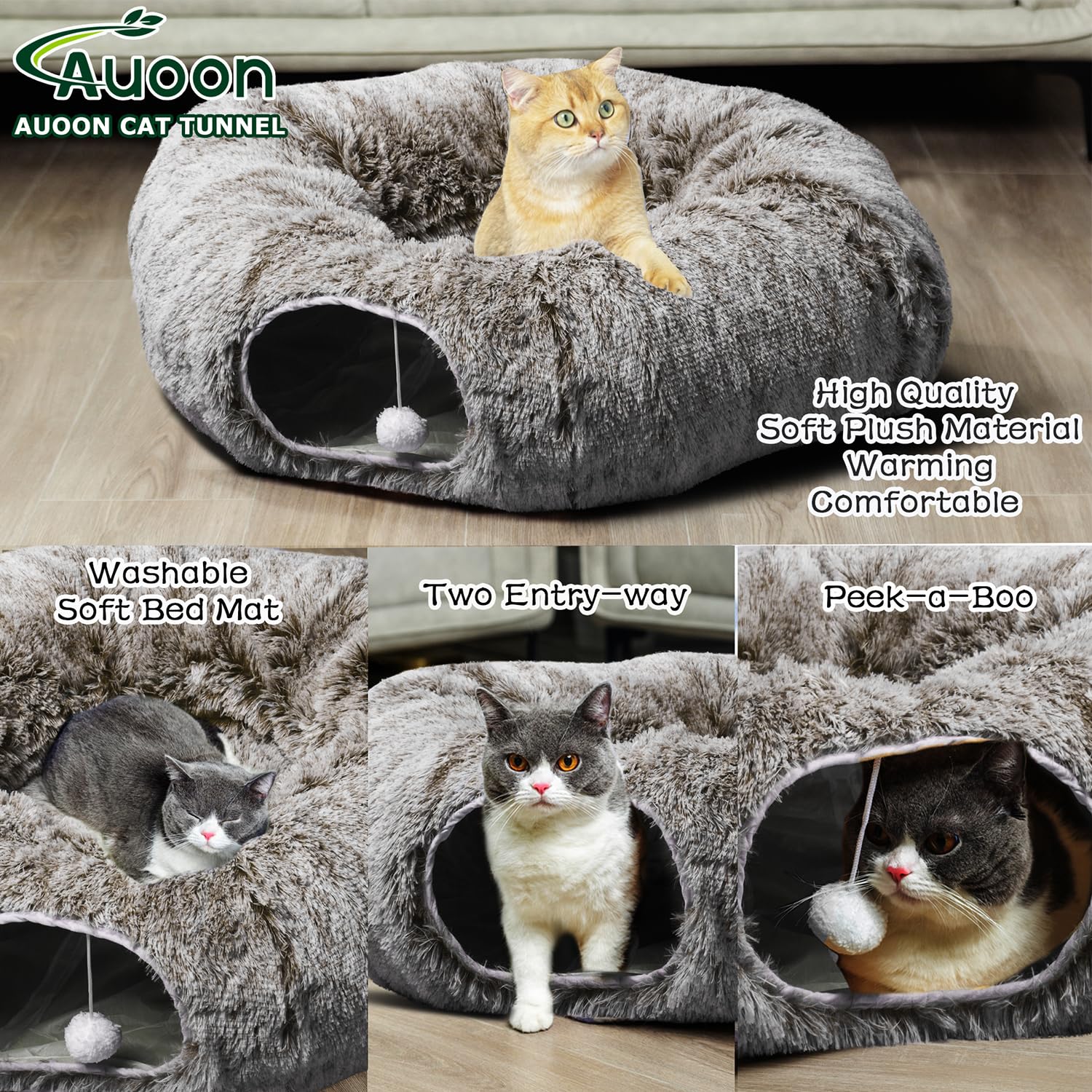 AUOON Cat Tunnel with Central Mat,Big Tube Playground Toys,Soft Plush Material,Full Moon Shape for Kitten,Cat,Puppy,Rabbit,Ferre