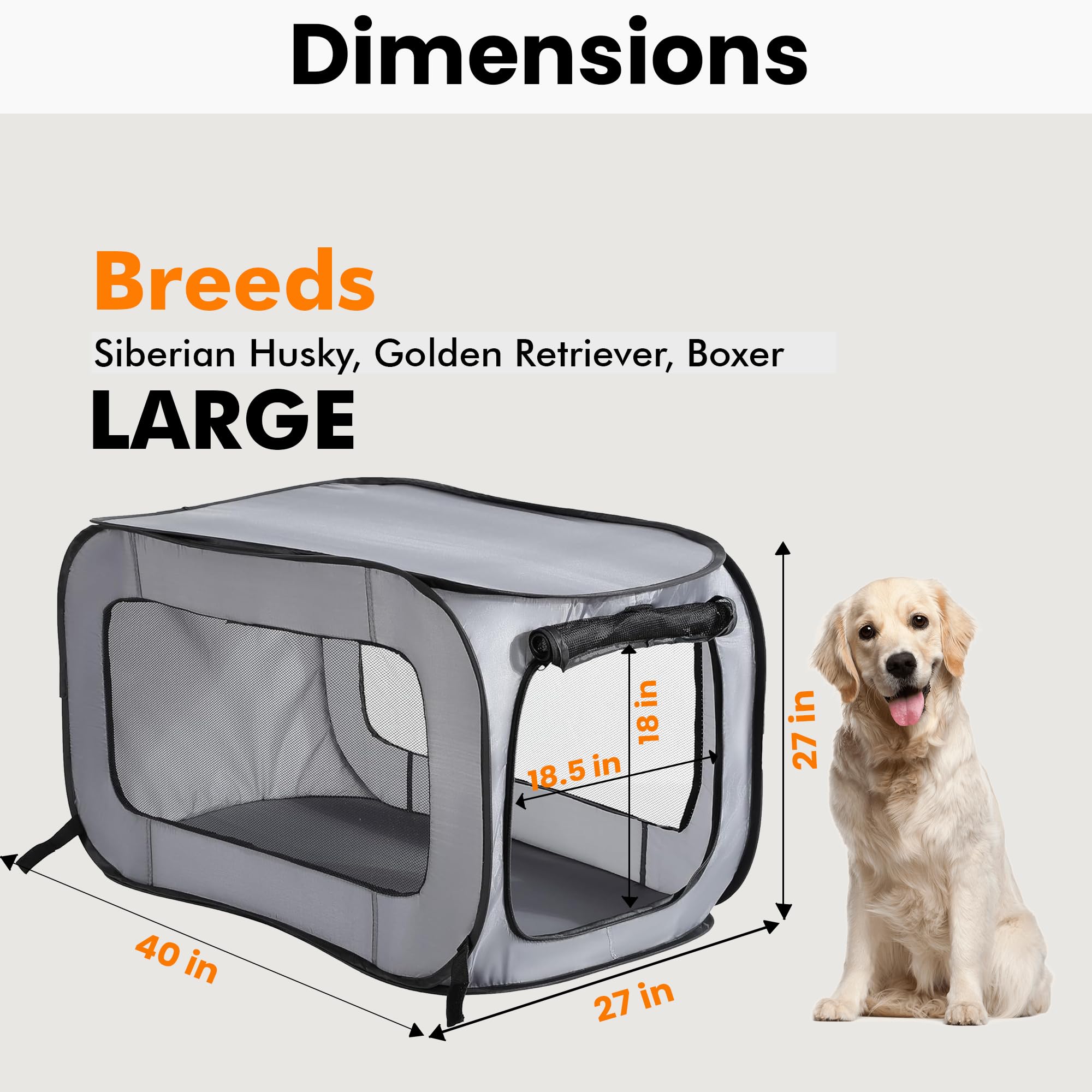 Beatrice Home Fashions Portable, Collapsible, Pop Up Kennel Travel Cat And Dog Crate, 40'' L X 27'' W X 27'' H, Gray