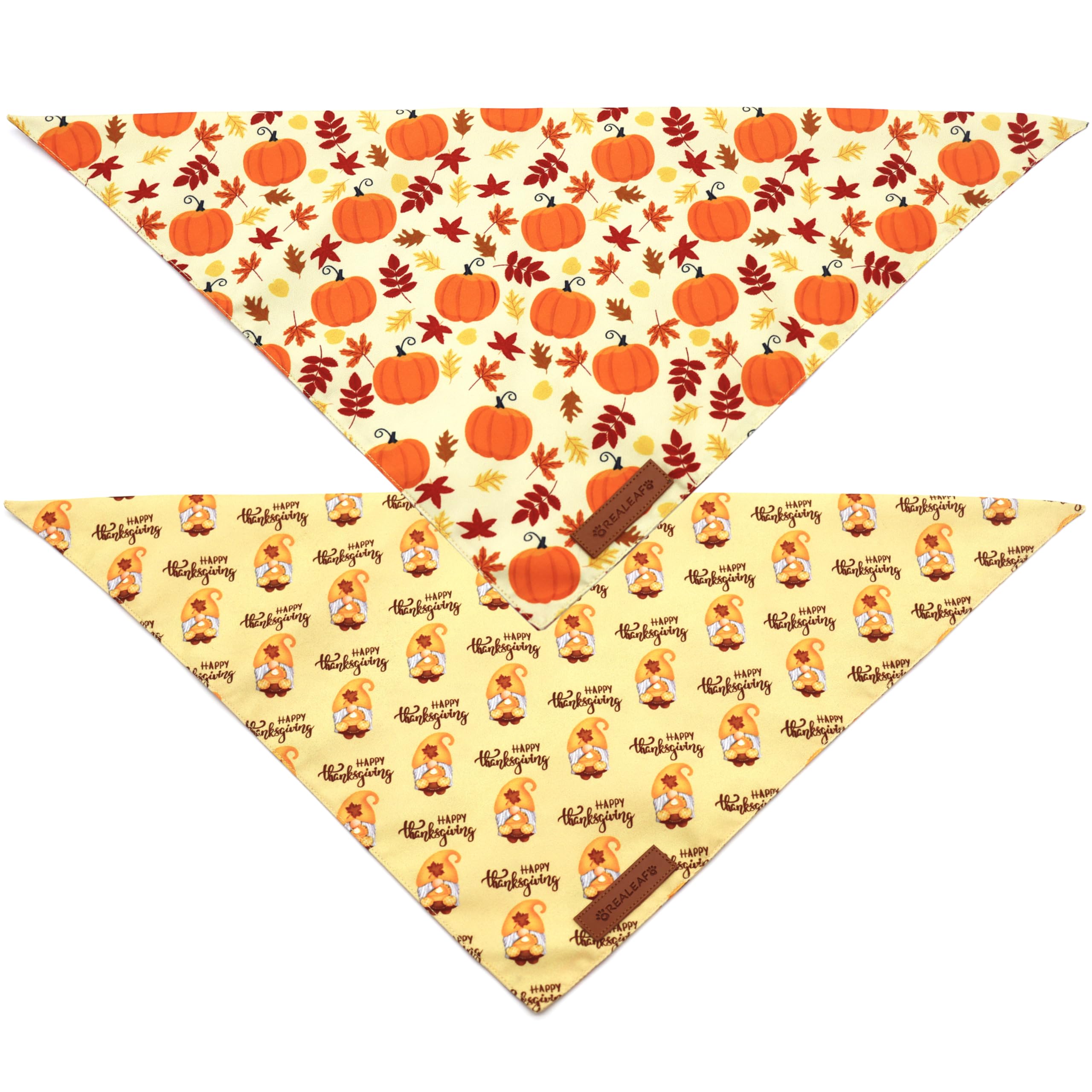 Realeaf Thanksgiving Dog Bandanas 2 Pack, Pumpkins And Happy Thanksgiving Pet Scarf For Boy And Girl, Premium Durable Fabric, Reversible Holiday Bandana For Small And Medium Dogs Pets (Small)
