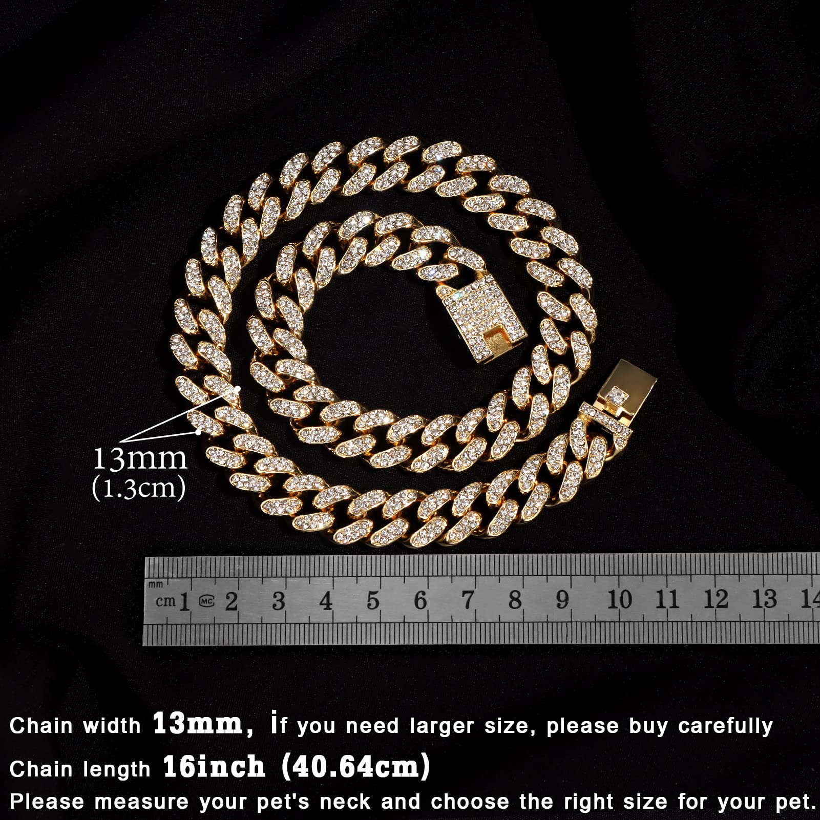 Flatfoosie Cuban Link Dog Collar Gold Silver Color Metal Chain Diamond Pet Collars For Dogs Cats Jewelry 8/10/14/16/18/20/24/28