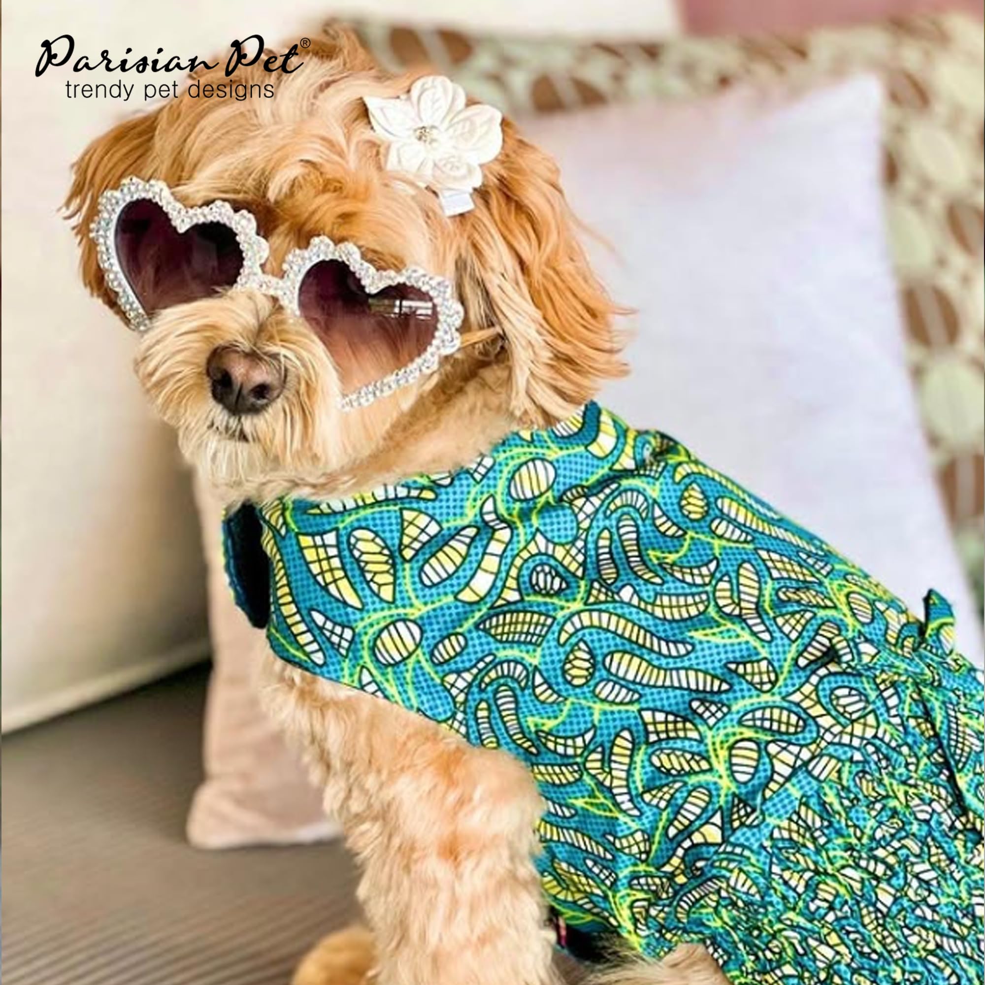 Parisian Pet Tribal Leaves Summer Dress - Ruched Waist Beach Outfit For Small Dogs - Lightweight Puppy Clothes - Girl S