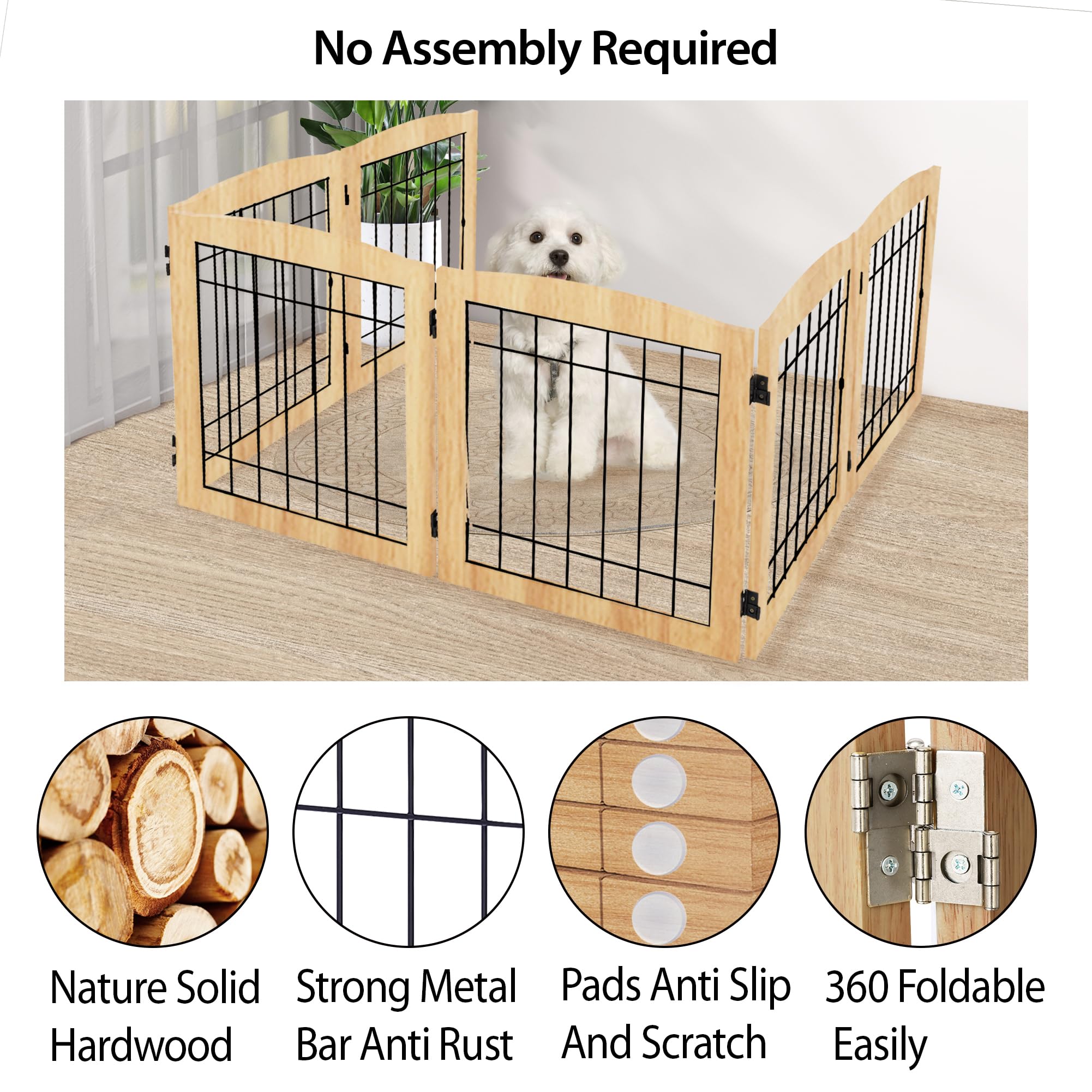 LZRS 6-Panel Extra-Wide Wooden Freestanding Dog Gate: Foldable Solid Wood and Steel Wire Chew Resistant Safety Barrier for Doorw