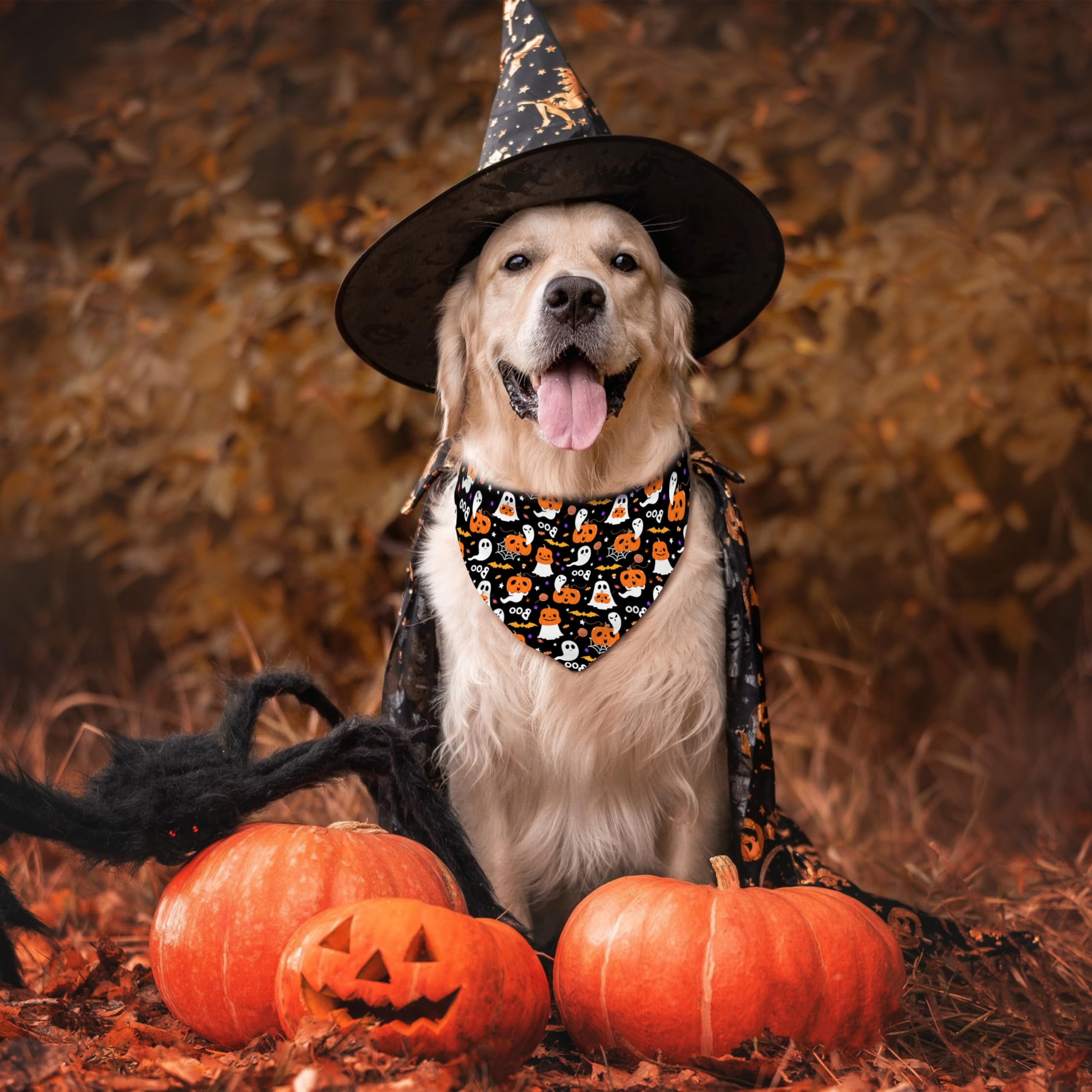 Fall Halloween Dog Bandanas Reversible 2 Pack Black Pumpkin Ghost Spider Web Cute Pet Bandanas For Dogs Adjustable Triangle Holi