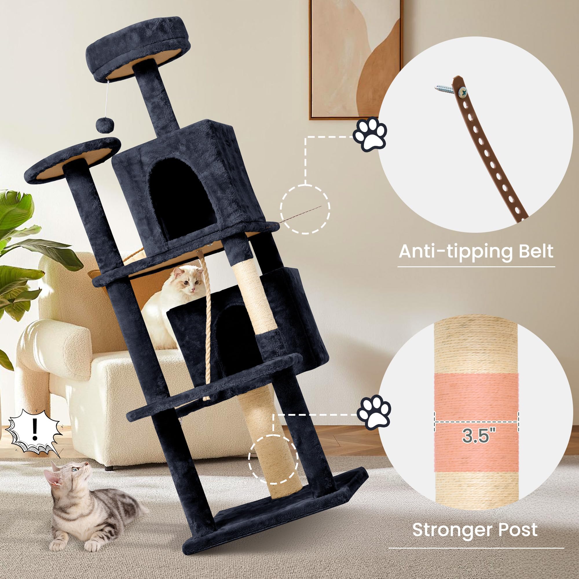 Tscomon 58.5Inch Large Cat Tree Tower Condo For Indoor Cats, Soft Plush Multi-Level Climbing Tree Cat House With 1 360 Rotating