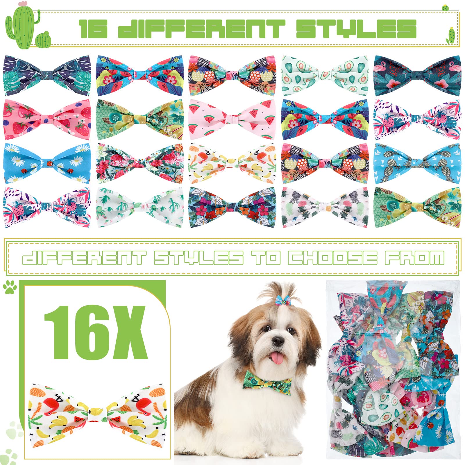 16 Pcs Dog Bow Ties Slide Dog Collar Bows Summer Hawaiian Styles Dog Collar Attachment Bows With Rubber Bands Dog Bow Ties For Large Dogs Spring Summer Grooming Independence Day (Fresh Style)