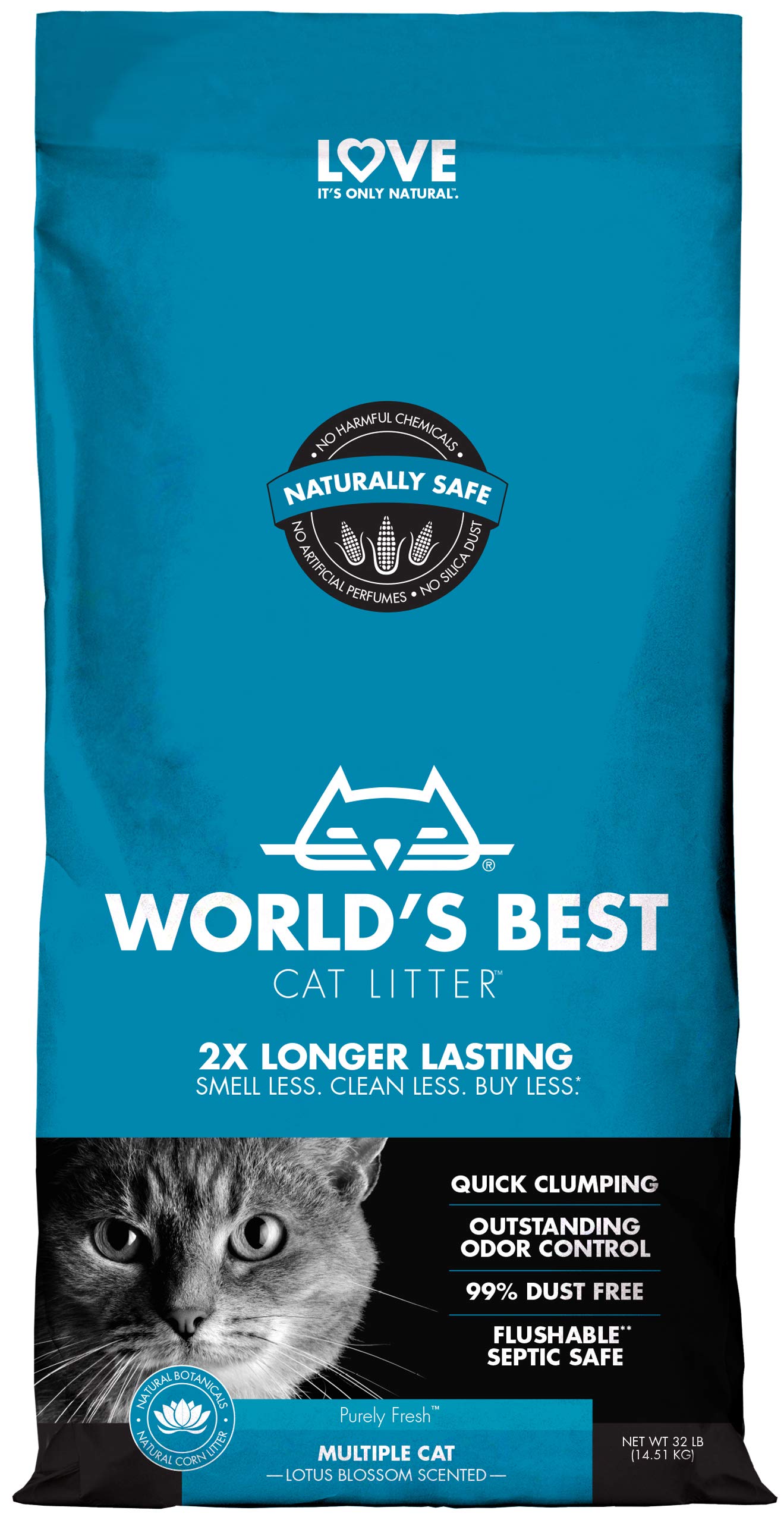 World'S Best Cat Litter Multiple Cat Lotus Blossom Scented 32-Pounds - Natural Ingredients, Quick Clumping, Flushable, 99% Dust Free & Made In Usa - Floral Fragrance & Long-Lasting Odor Control