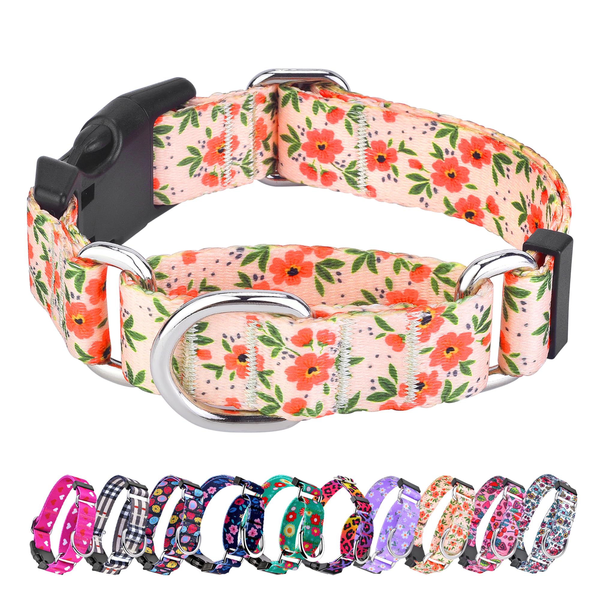 Hikiko Floral Dog Collar For Small Medium Large Dogs, Adjustable Nylon Flower Martingale Collars With Quick Release Buckle (Crea