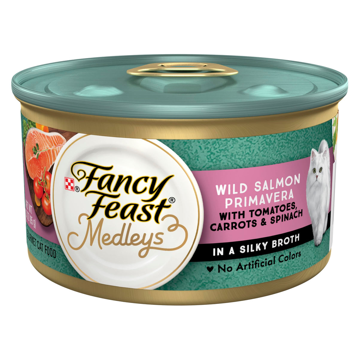 Purina Fancy Feast Wet Cat Food Medleys Wild Salmon Primavera With Tomatoes Carrots And Spinach In Silky Broth - (Pack Of 24) 3 Oz. Cans