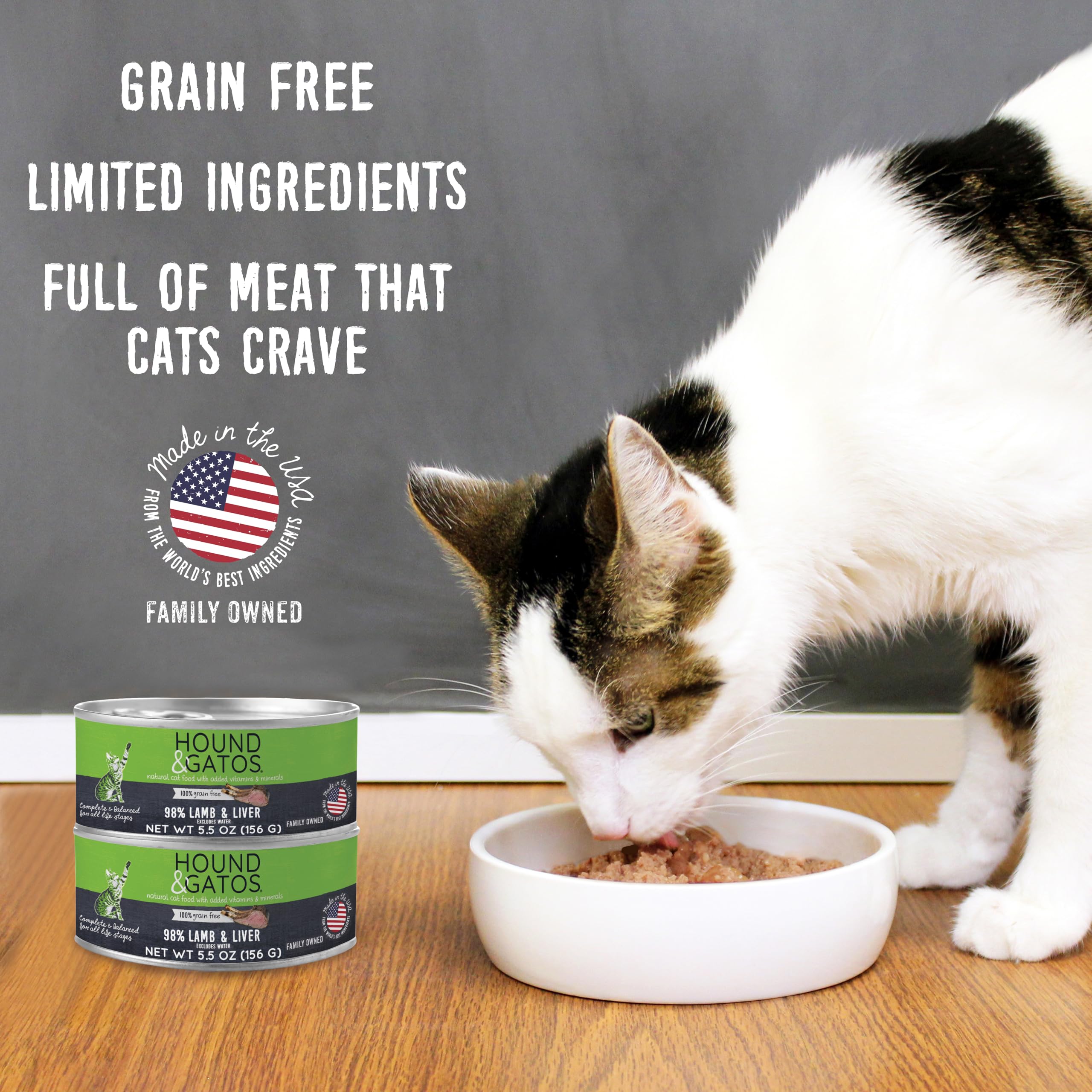 Hound & Gatos Wet Cat Food, 98% Lamb & Liver, Grain Free Pate Cat Food, Real Meat, High Protein, Limited Ingredients, No Additiv