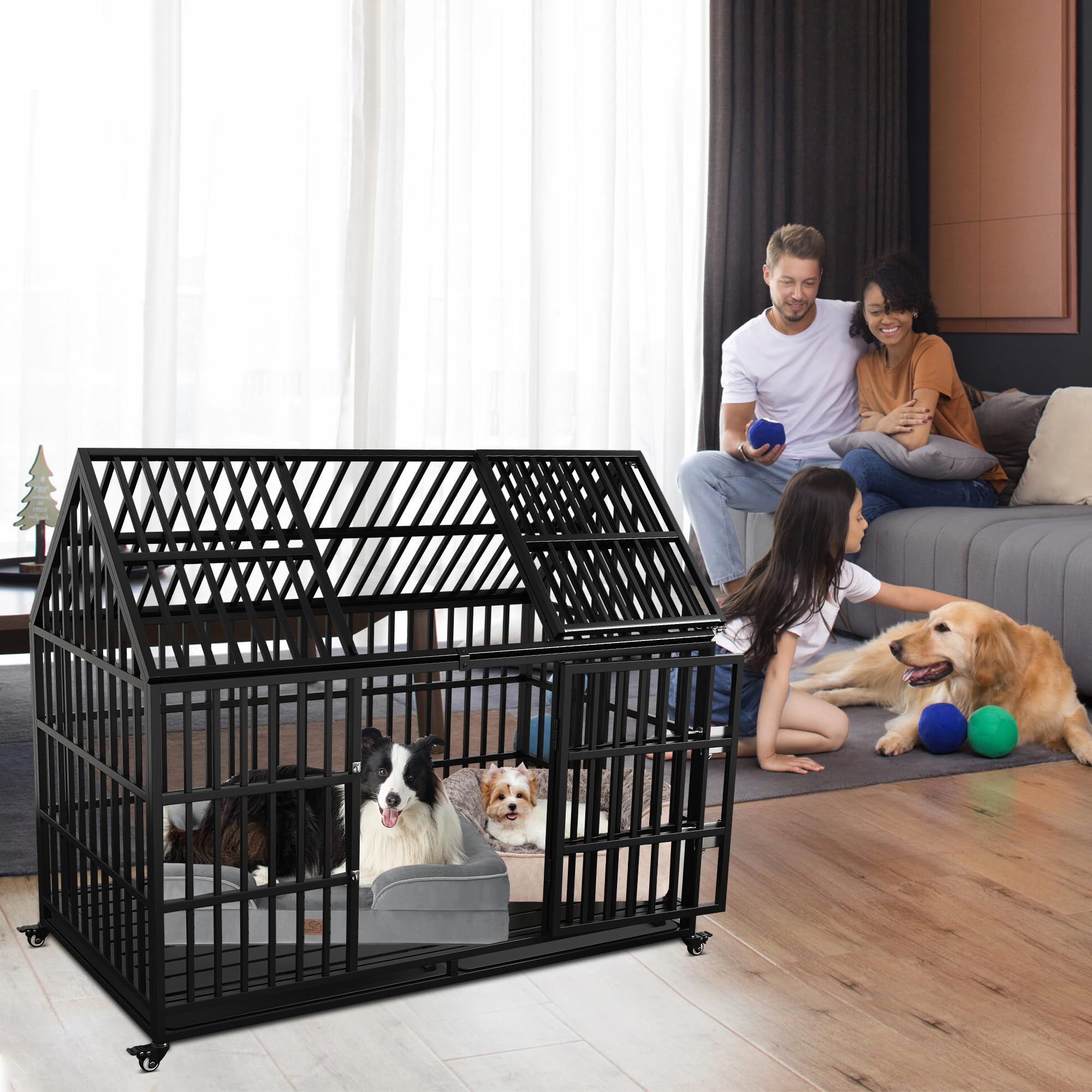 54 Inch Heavy Duty Indestructible Dog Crate, Escape Proof Dog Cage Kennel With Lockable Wheels, High Anxiety Double Door, Extra