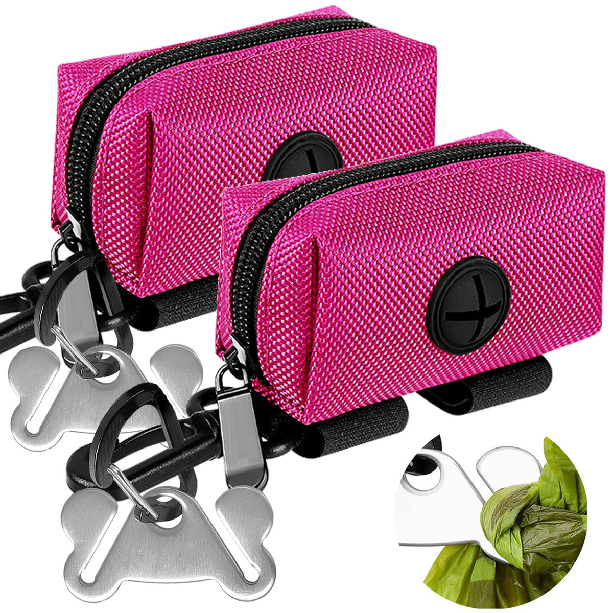 2Packs Dog Poop Bag Holder For Leash Attachment Dog Poop Bag Dispenser Dog Waste Bag Dispensers For Leash Accessory Dog Poop Bag Holders Fits Dog Leash Include Hand Free Holder Metal Carriers, Pink