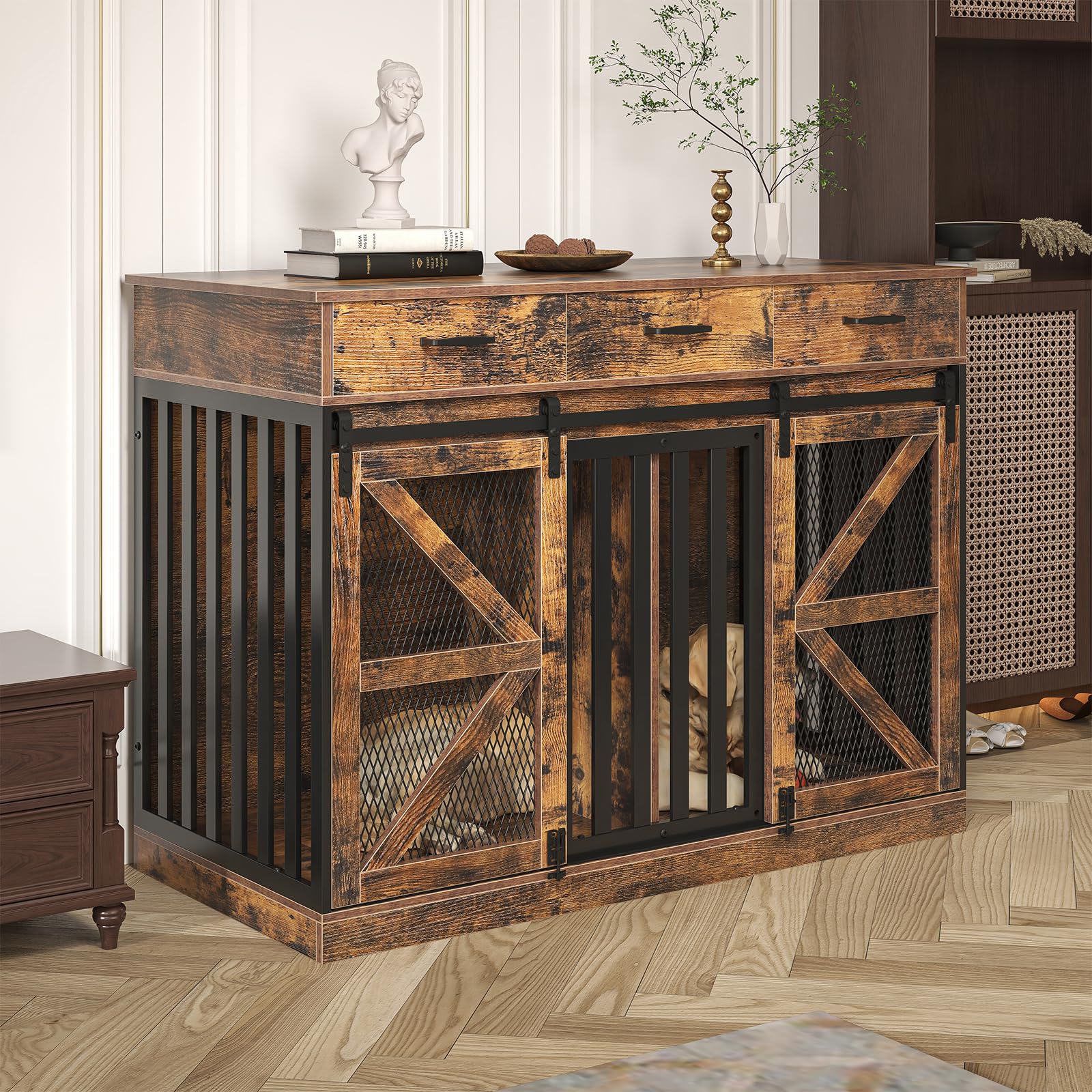 Saudism 2-in-1 Farmhouse Dog Crate Furniture - Wooden Large Dog Kennel with Drawers Storage - Double Doors - Indoor TV Stand - I