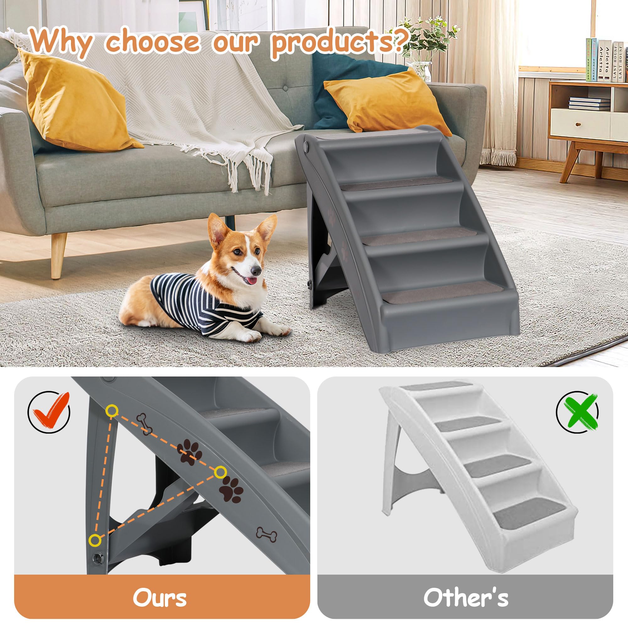 Foldable Pet Dog Stairs For Large Small Dogs Nonslip Dog Steps For High Bed Sofa Couch At Home And Vehicle Dog Ramp For Dogs To Get On Bed (Grey)