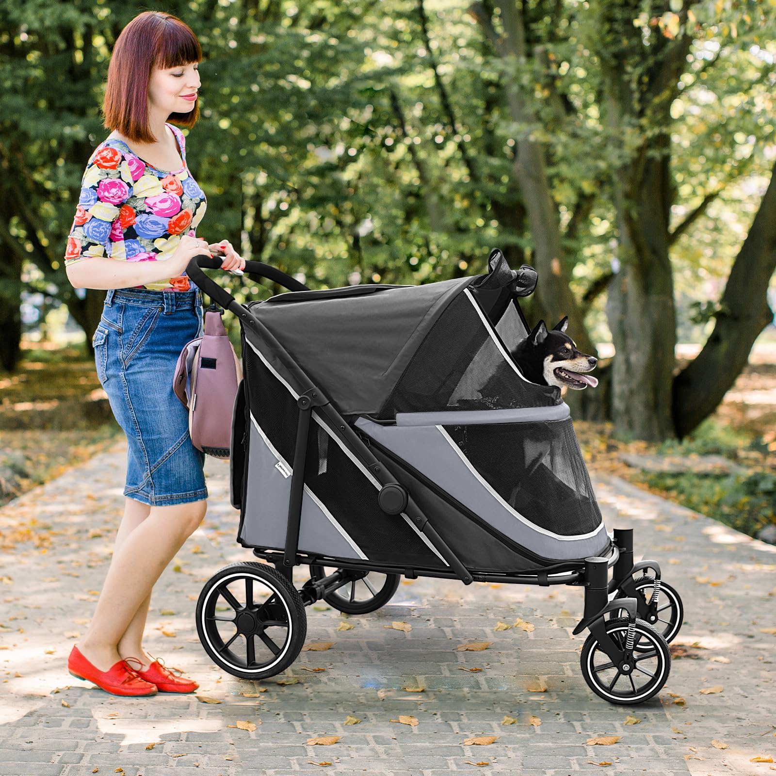Dog Stroller For Medium/Large Dogs One-Click Folding, Extra Large Pet Stroller For 2 Dogs With Storage Pocket & Shock Absorption