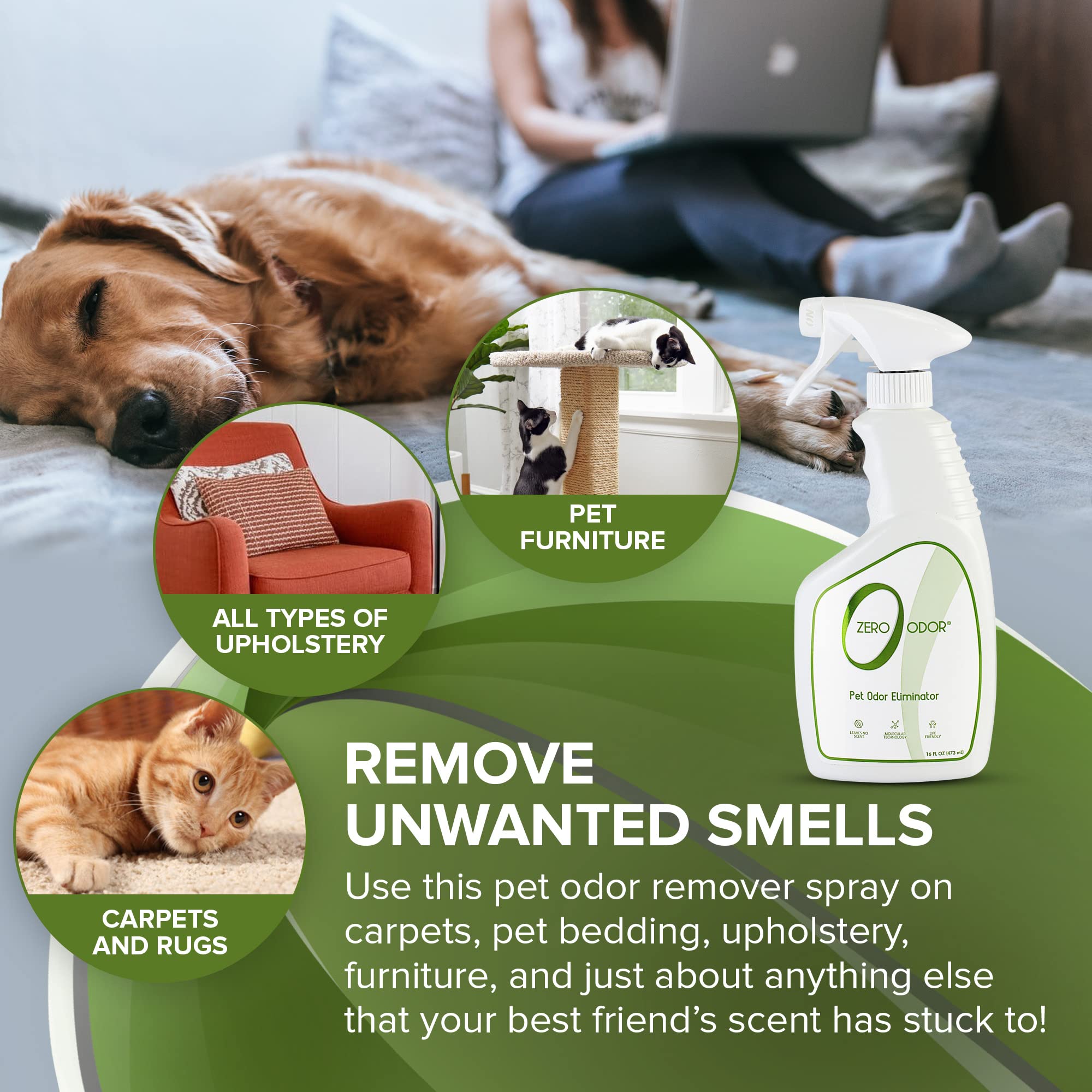 Zero Odor Pet Odor Eliminator - 16 Fl Oz, Eliminates Strong Air & Surface Odors with Patented Technology for Carpet & Furniture