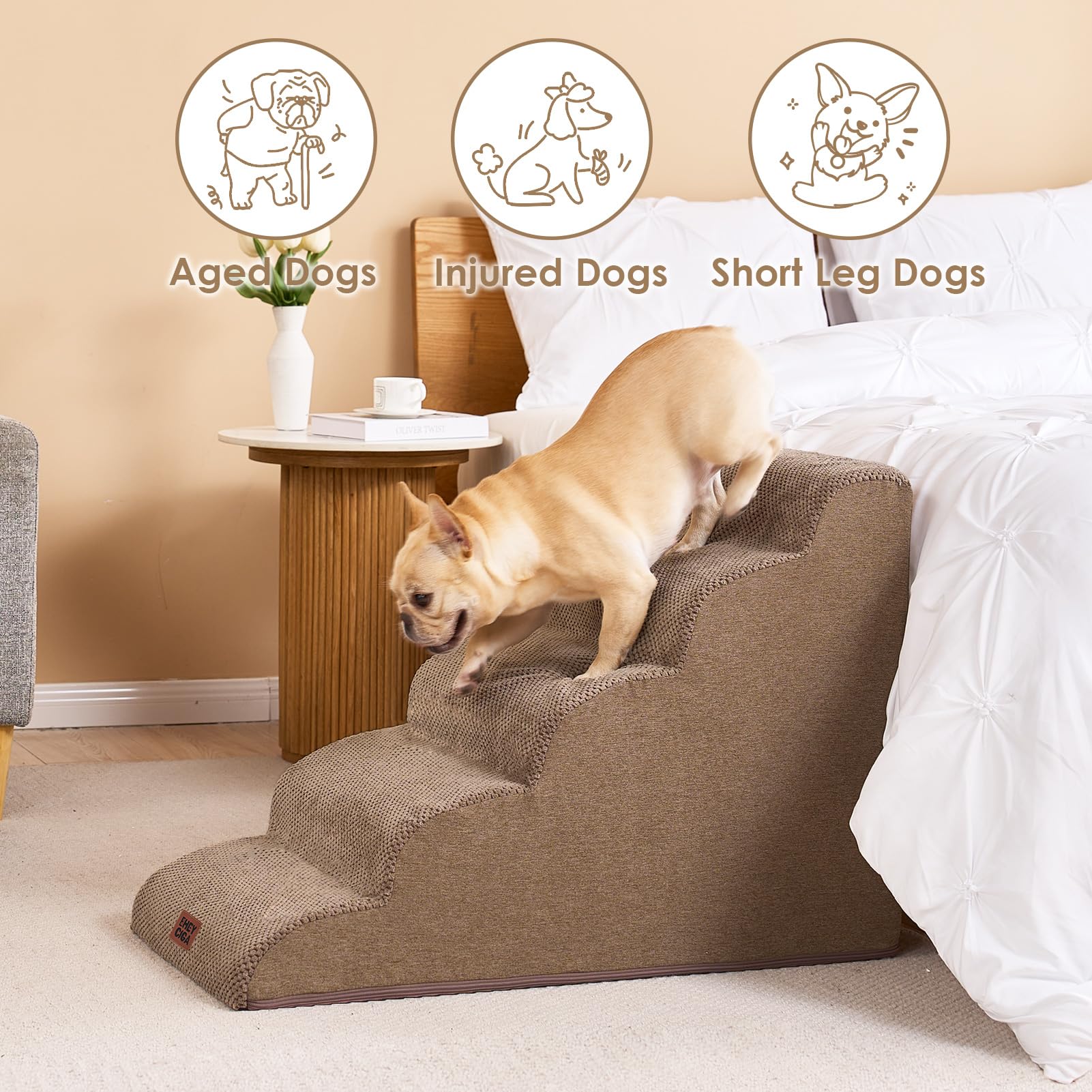 Eheyciga Curved Dog Stairs Ramp For High Beds 22.6' H, 5-Step Dog Steps For Small Dogs And Cats, Pet Stairs For High Bed Climbing, Non-Slip Balanced Pet Step Indoor, Camel