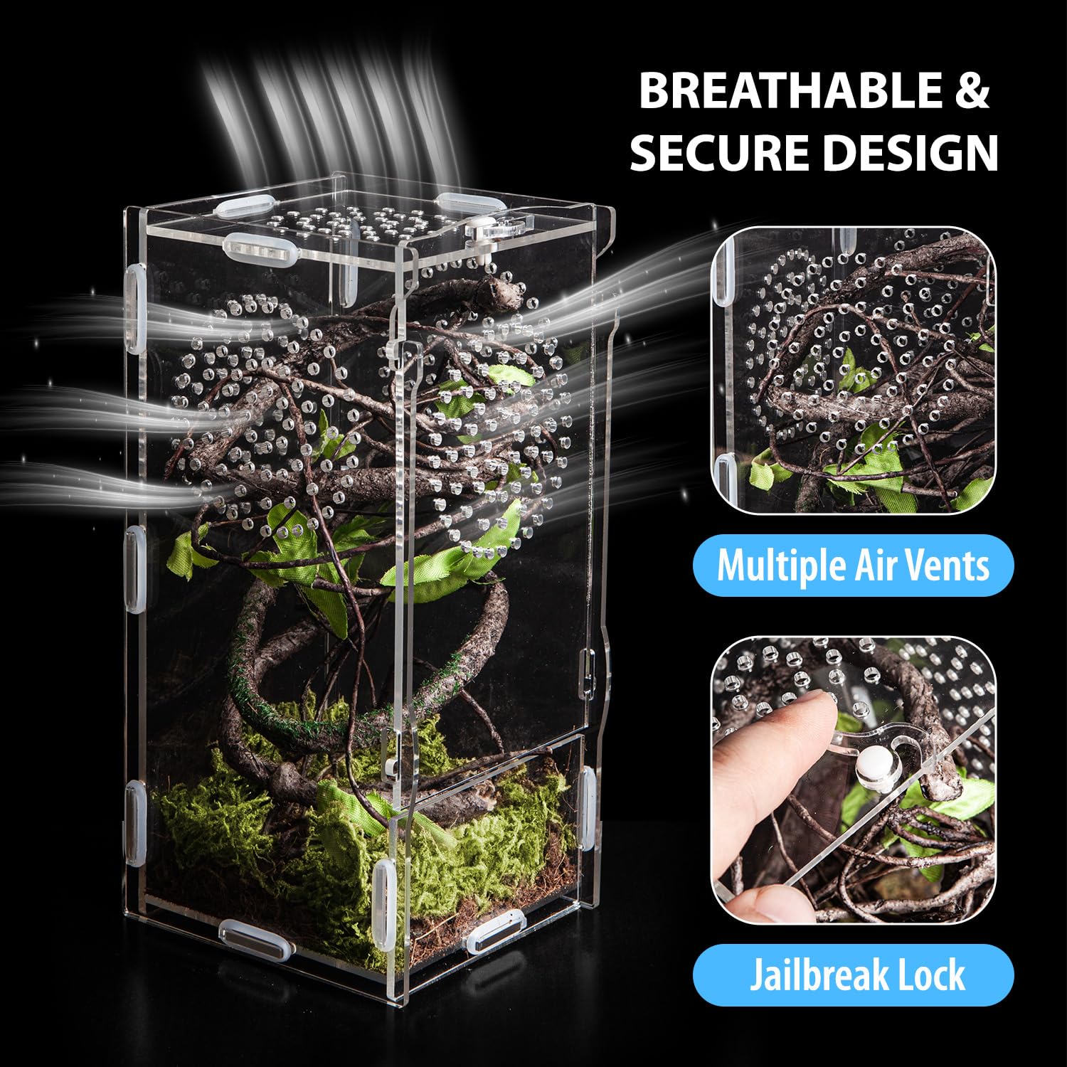 Acrylic Reptile Terrarium,8''*4''*4'' Mini Jumping Spider Enclosure Feeding Box With Secure Lock For Tarantula, Insects, Frogs,
