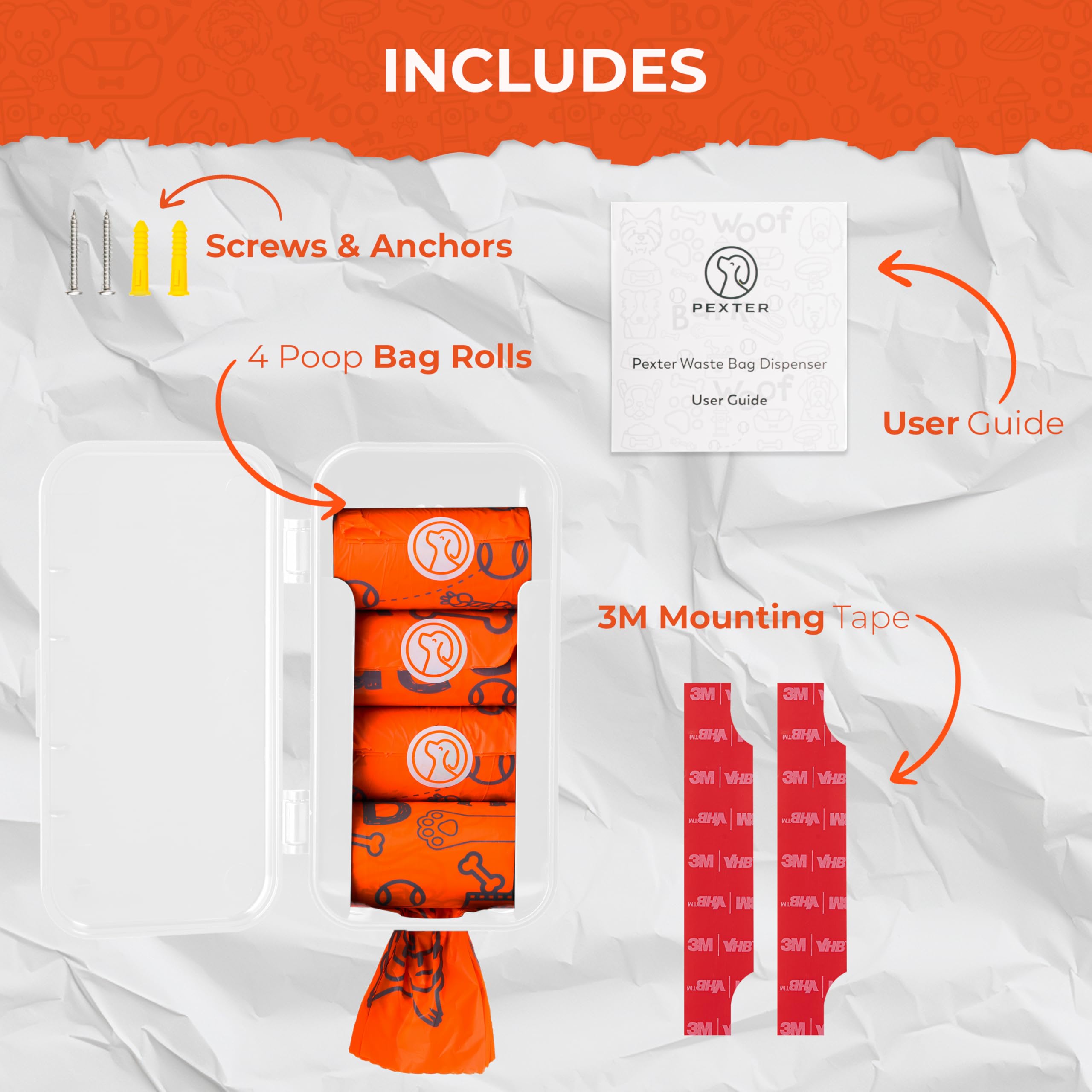 Pexter Dog Poop Bag Dispenser - Outdoor or Indoor Pet Waste Bag Dispenser Station - Stick-On or Screw-On Wall Mount - Poop Bags