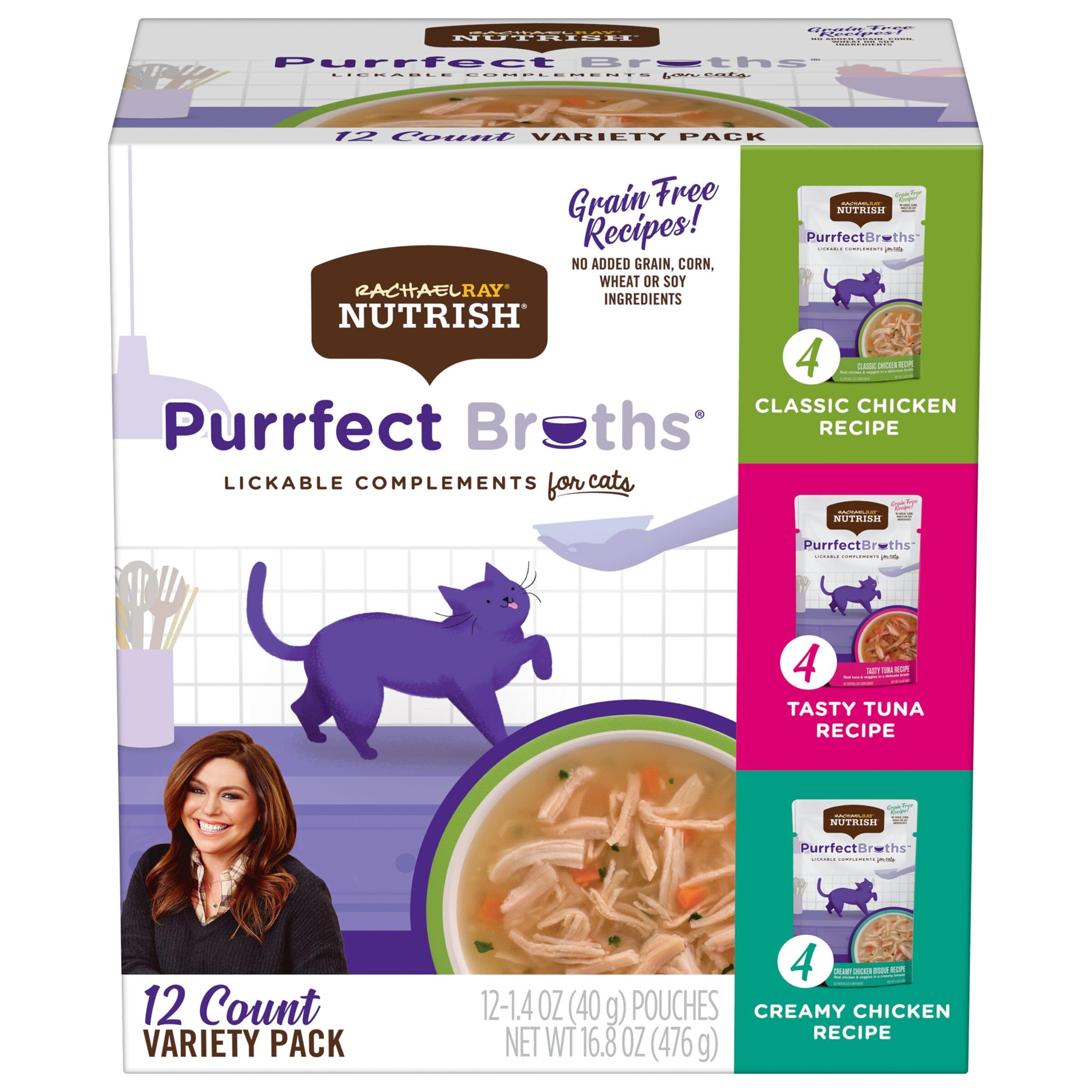 Rachael Ray Nutrish Purrfect Broths Natural Wet Cat Food, Variety Pack, 1.4 Ounce Pouch (Pack of 24), Grain Free