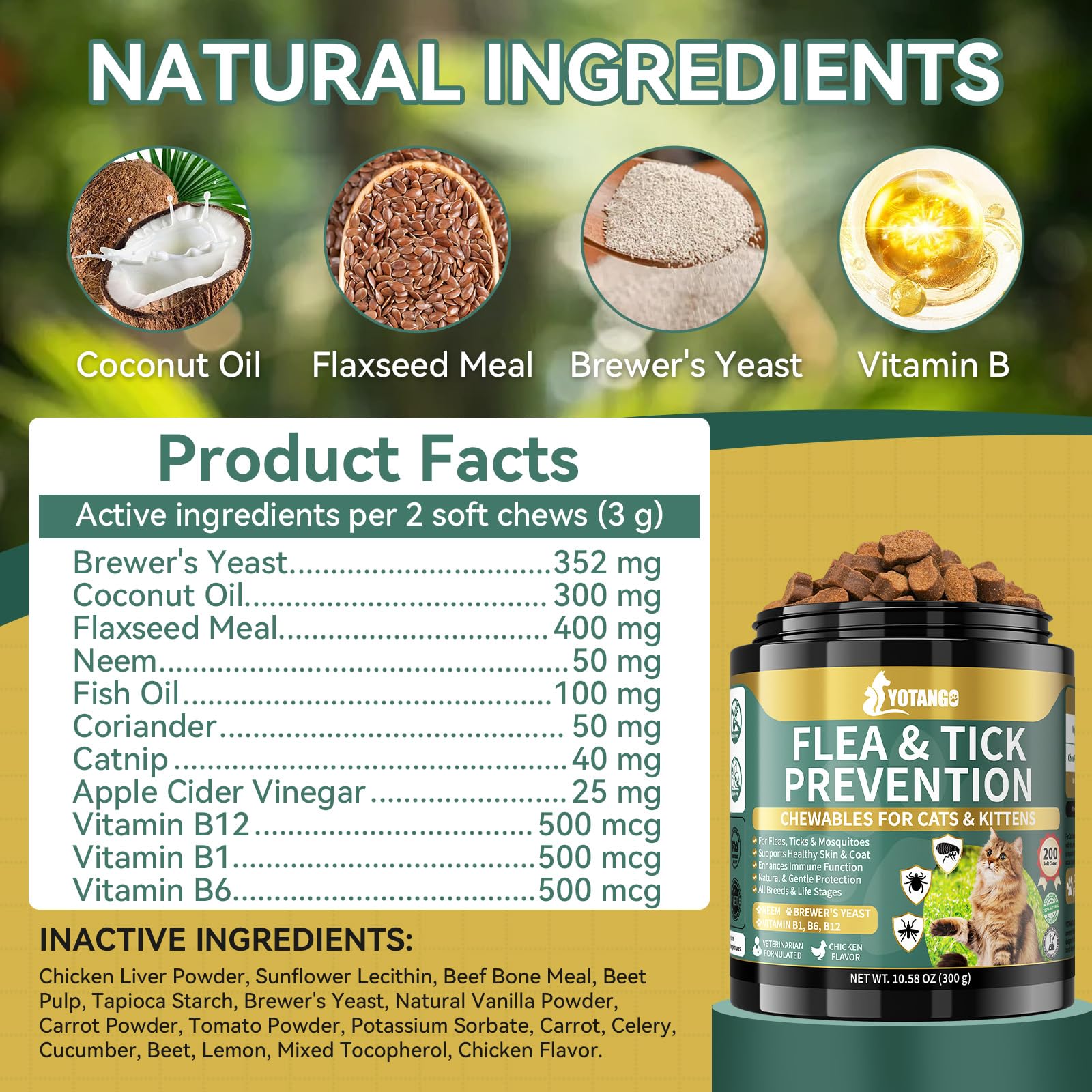 Natural Flea Treatment for Cats Chewables, 200 Soft Treats Flea and Tick Prevention for Cats, Oral Flea Supplement for Kitten Ca