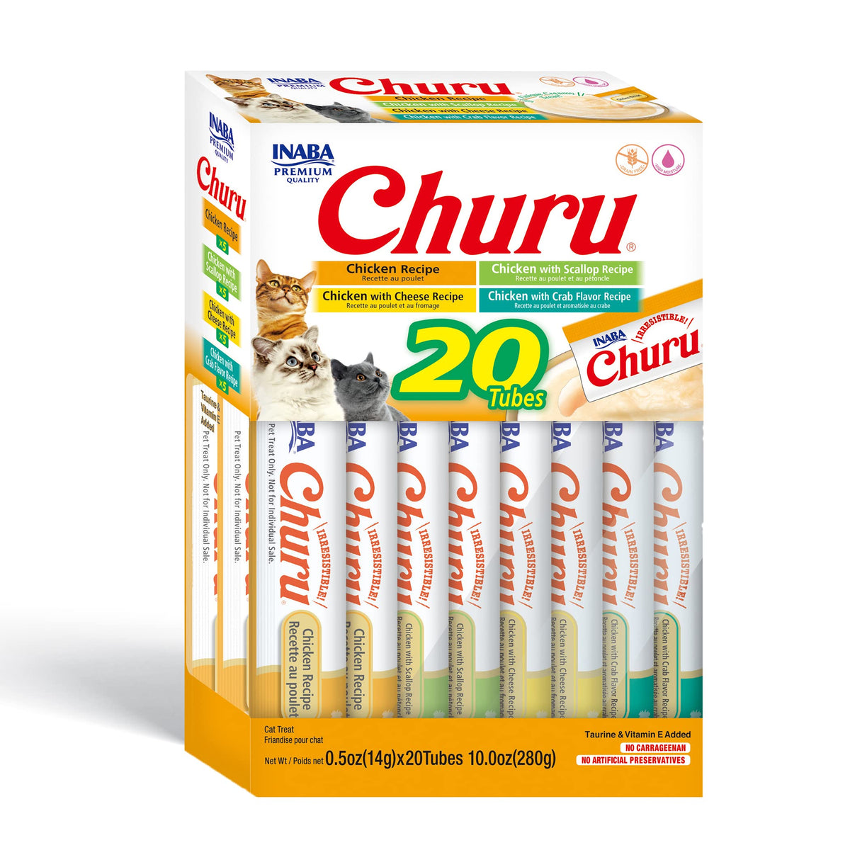 Inaba Churu Cat Treats, Grain-Free, Lickable, Squeezable Creamy Purée Cat Treat/Topper With Vitamin E & Taurine, 0.5 Ounces Each Tube, 20 Tubes, Chicken Variety Box