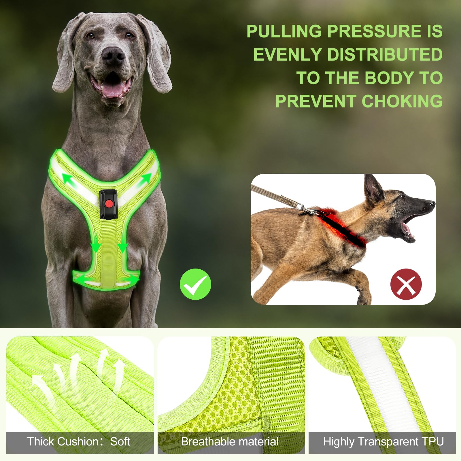 Pzrlit Light Up Dog Harness - Led Dog Harness Rechargeable, No Choke Illuminated Glow Dark Harness Vest Waterproof For Medium Large Dogs For Camping Night Safety Walking-Green,L