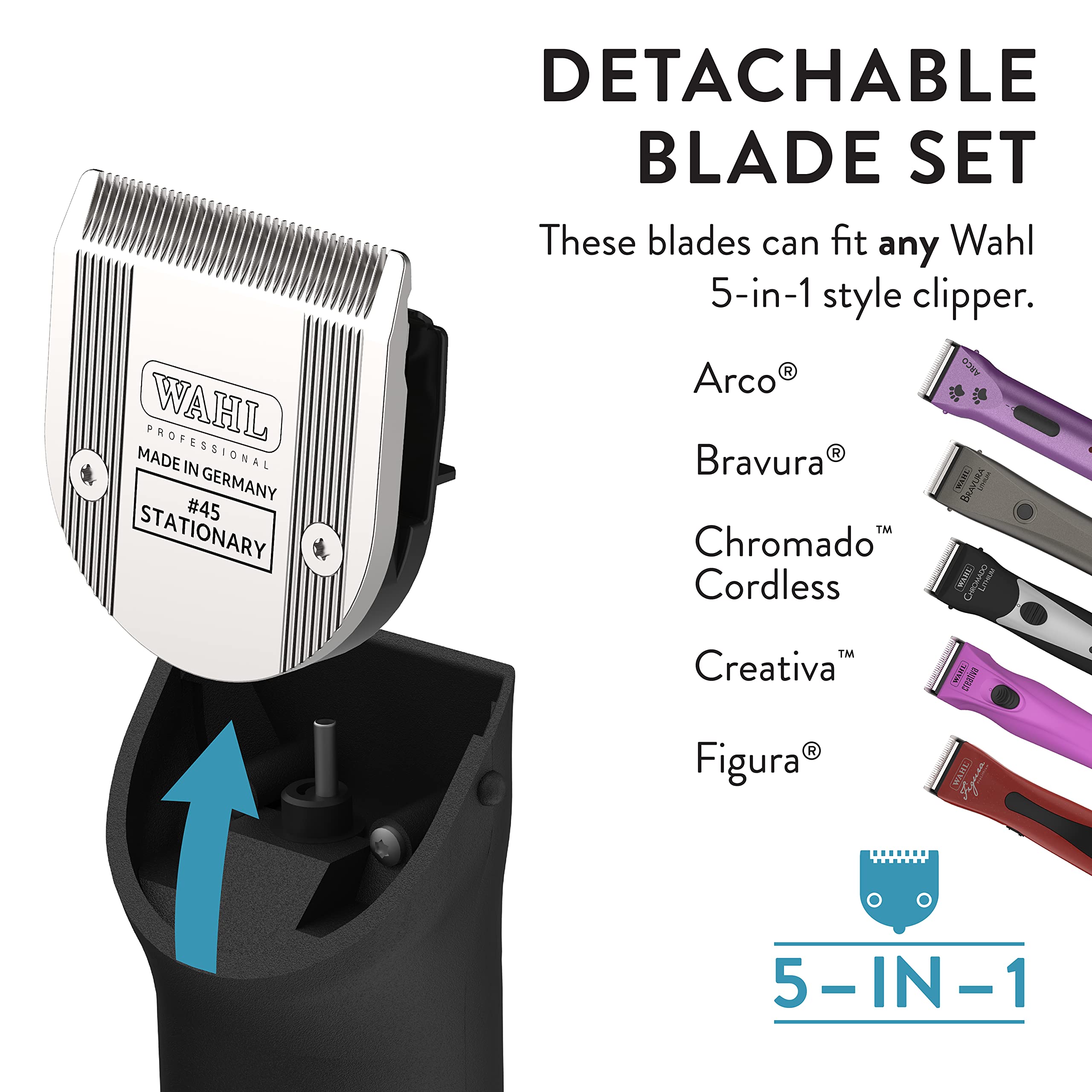 Wahl Professional Animal #45 Non-Adjustable Blade Arco, 5 Style Groom, Bravura, Chromado, Creativa & Figura 5-In-1 Pet, Dog & Horse Clippers (#41873-7190) Clipper Replacement Blades - Silver