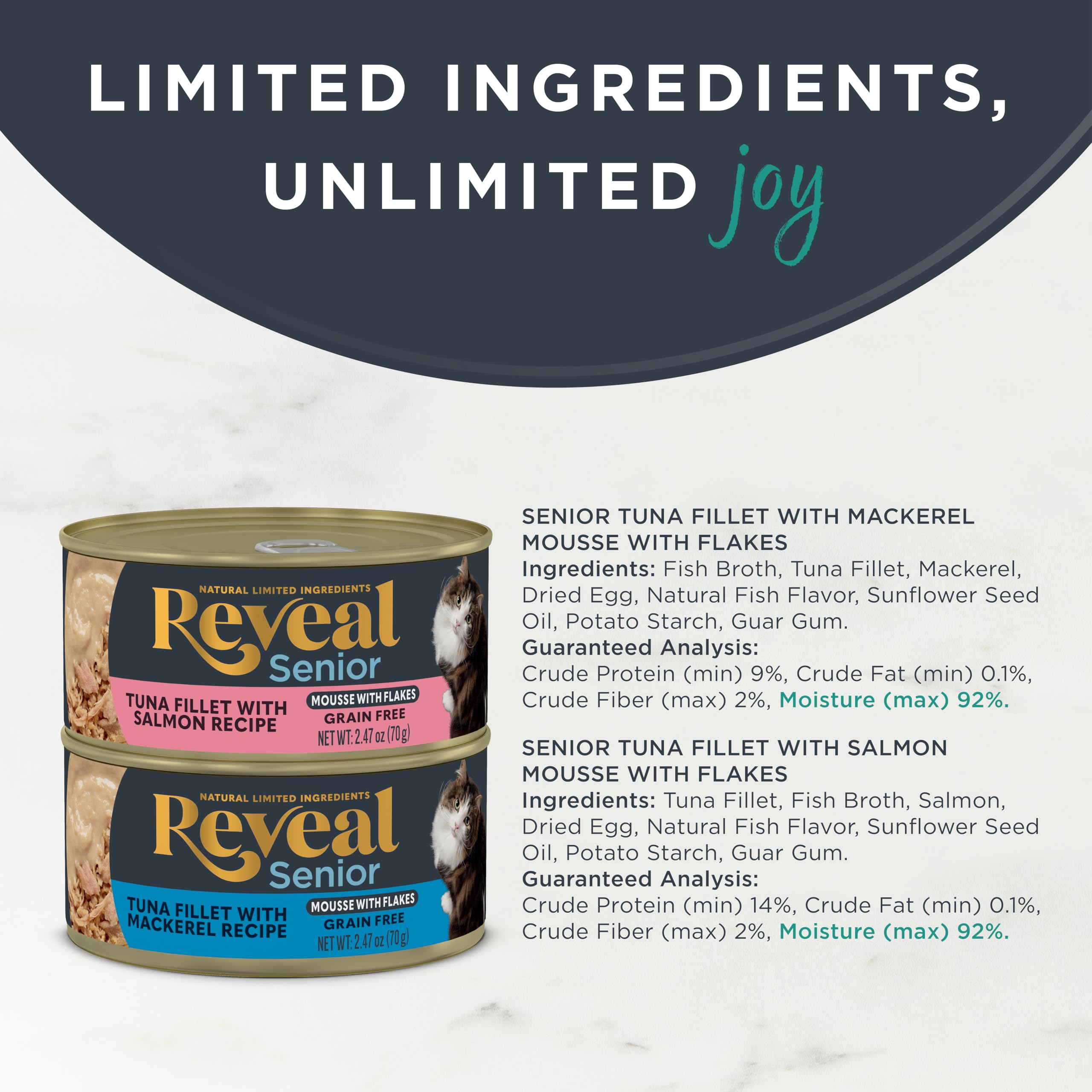 Reveal Natural Senior Cat Food, Grain Free Wet Senior Cat Food, Limited Ingredient Food for Senior Cats, Fish Variety, Mousse wi