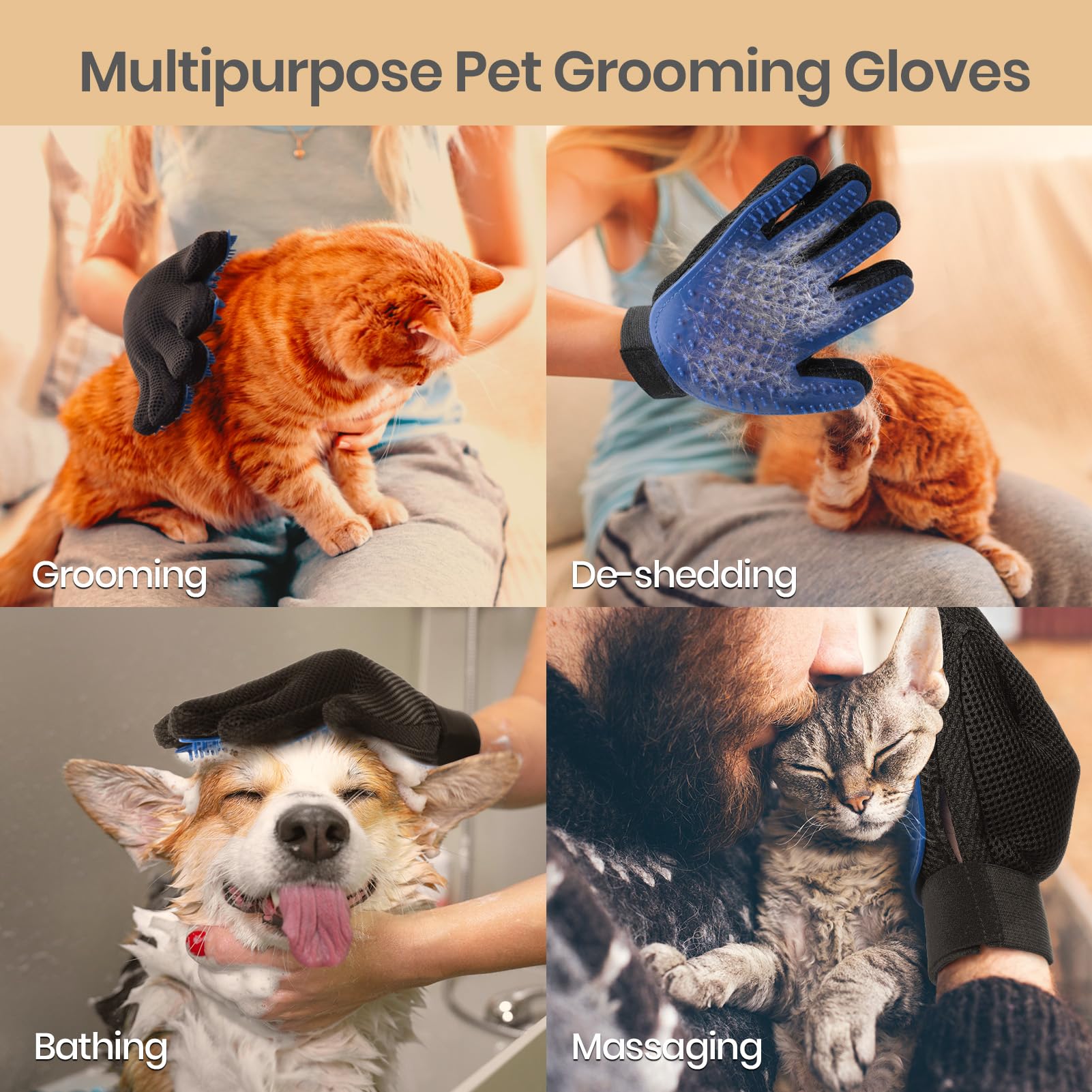 Pet Hair Remover Glove - Gentle Pet Grooming Glove Brush - Deshedding Glove - Massage Mitt With Enhanced Five Finger Design - Perfect For Dogs & Cats With Long & Short Fur - 1 Pack (Right-Hand), Blue
