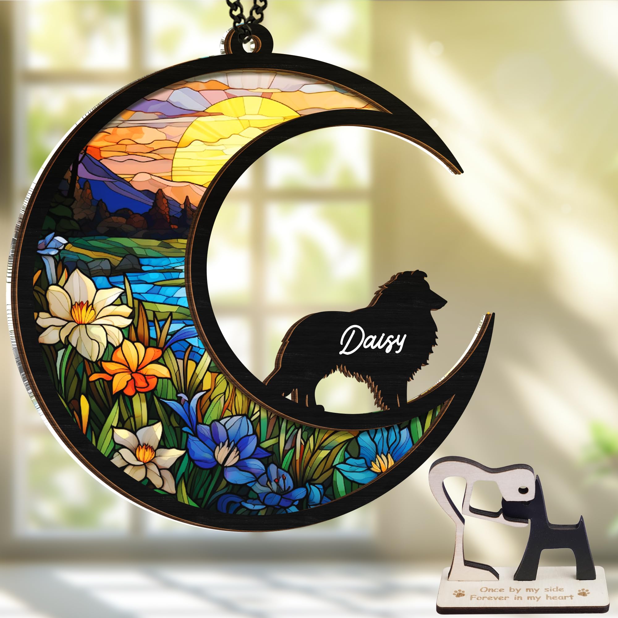 Vinatimes 6'' Shetland Sheepdogs Dog Memorial Suncatcher & Pet Lover Sign Gift Personalized Dog Name Ornament Window Hanging Pet