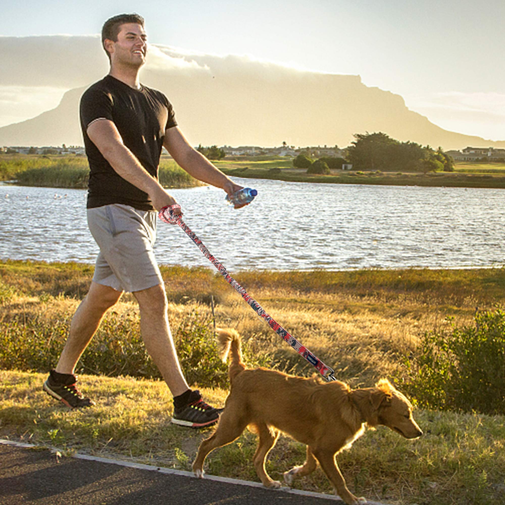 Auroth Heavy Duty Dog Leash - Bungee, No Pull For Shock Absorption, Red Camo, 6Ft, 2 Padded Handles