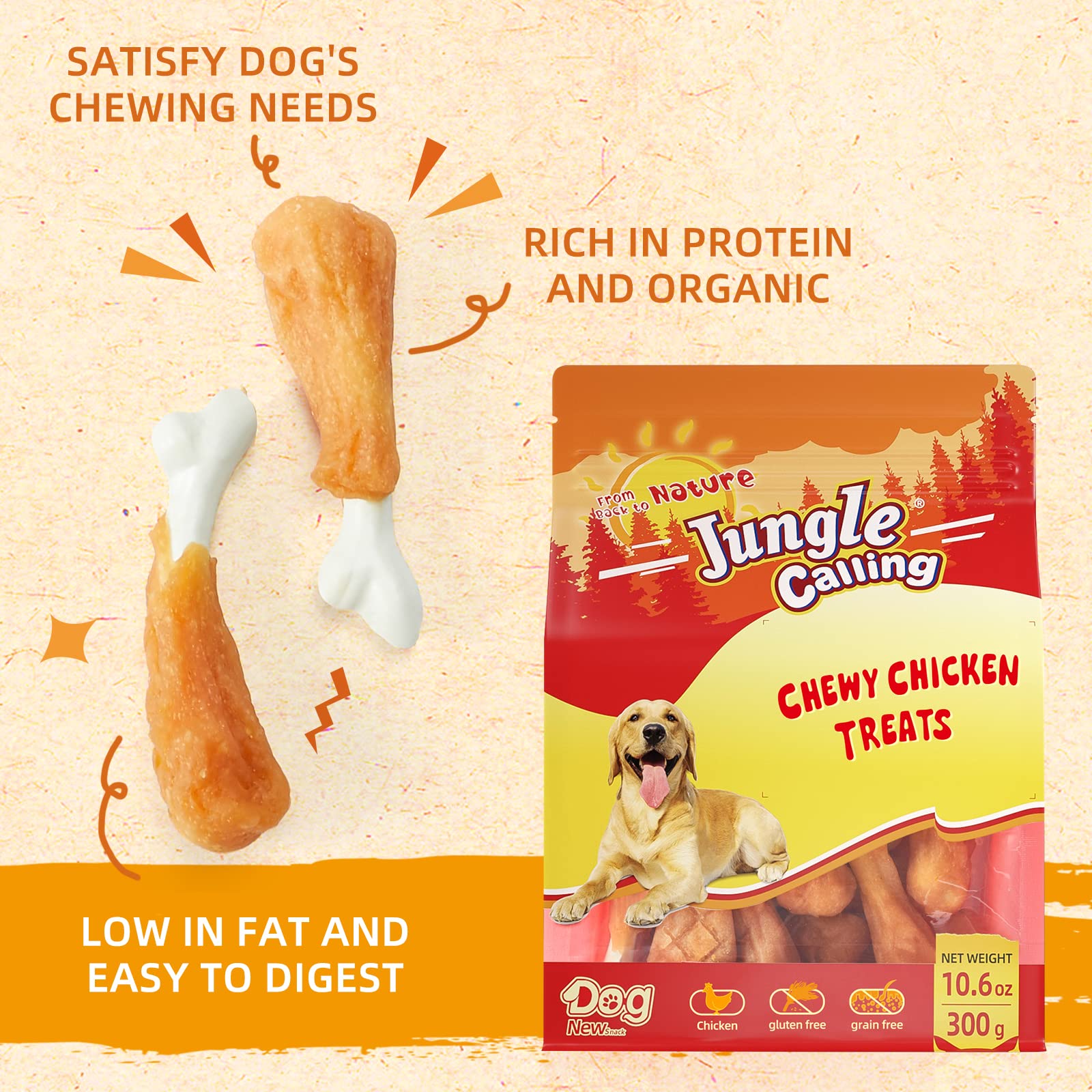 Jungle Calling Chewy Chicken Dog Treats - Rawhide Free, Calcium Bone, 10.6 oz, Fresh Breath Training Treats
