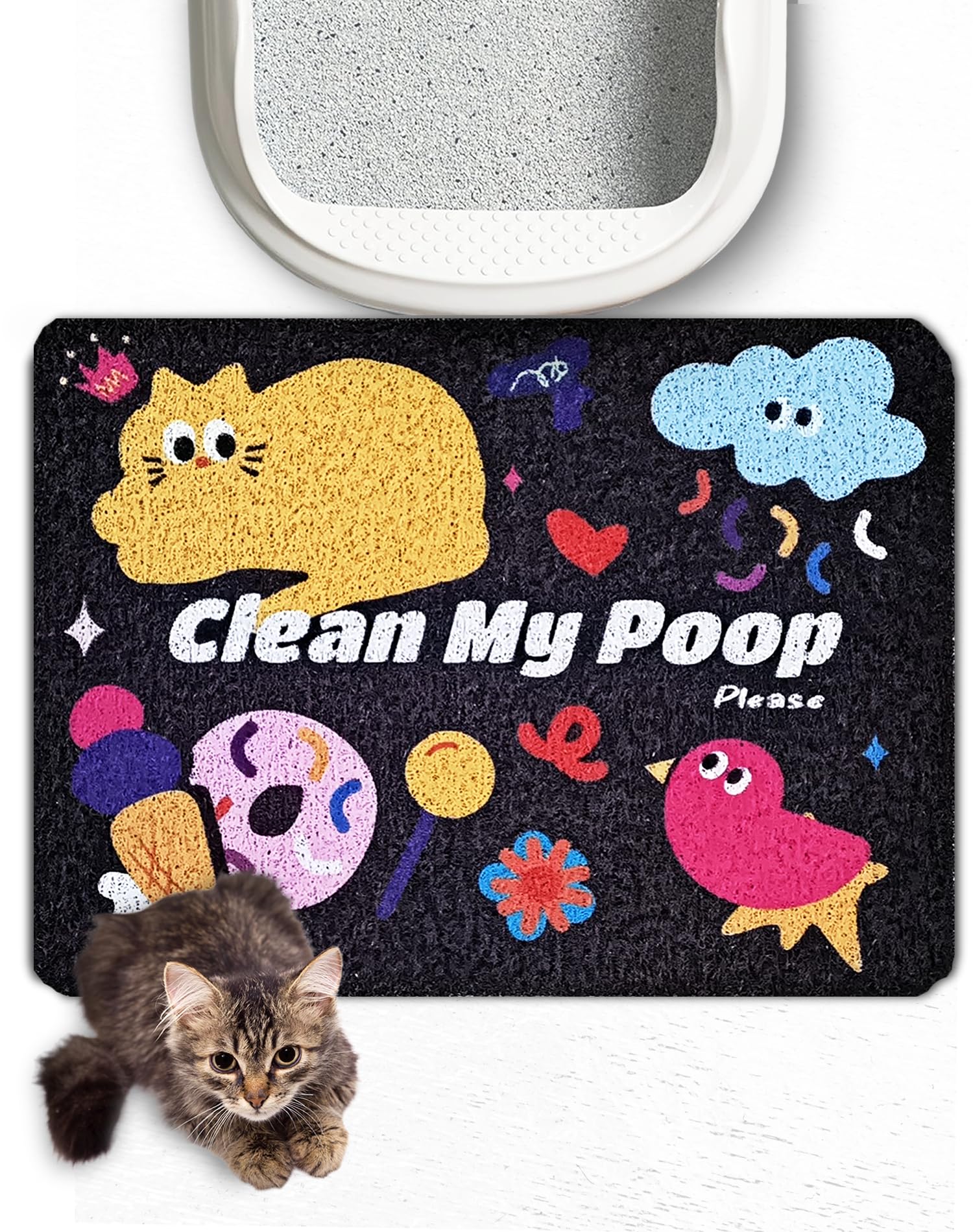 Lukamoo Cute Cat Litter Mat (24X16), For Kitty Litter & Cat Litter Box, Independent Artist Designed [Neon Neko Series] (Big Fami
