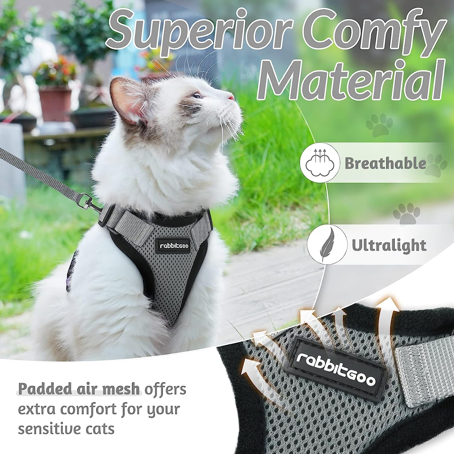 Rabbitgoo Cat Harness And Leash For Walking, Escape Proof Soft Adjustable Vest Harnesses For Cats, Easy Control Breathable Reflective Strips Jacket, Grey, Xxs