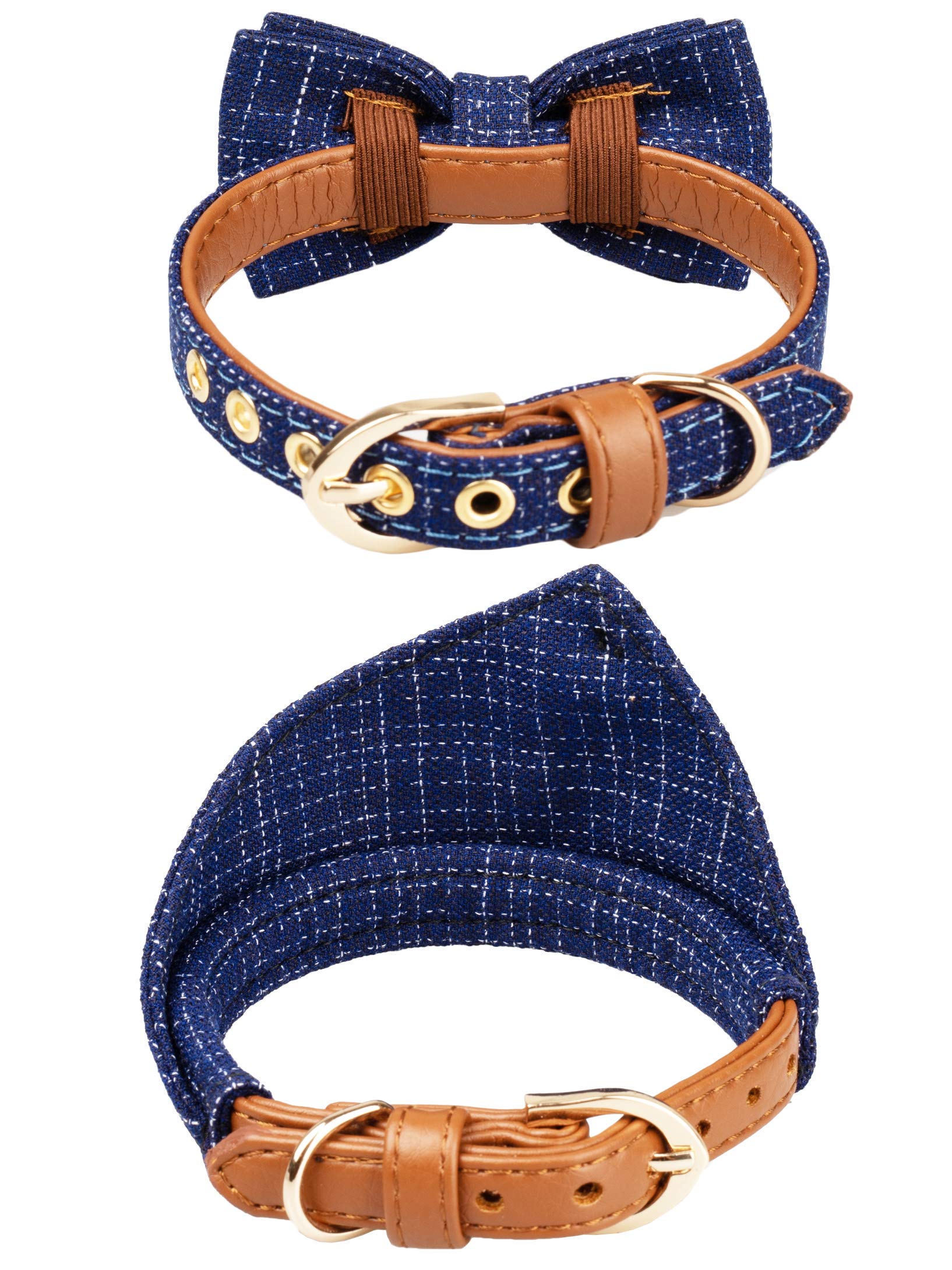 Gyapet Small Dog Collar Puppy Cat Tiny Pet Bow Tie & Bandana 2Pcs Set Pu Leather Canvas Scarf Durable Blue Classic