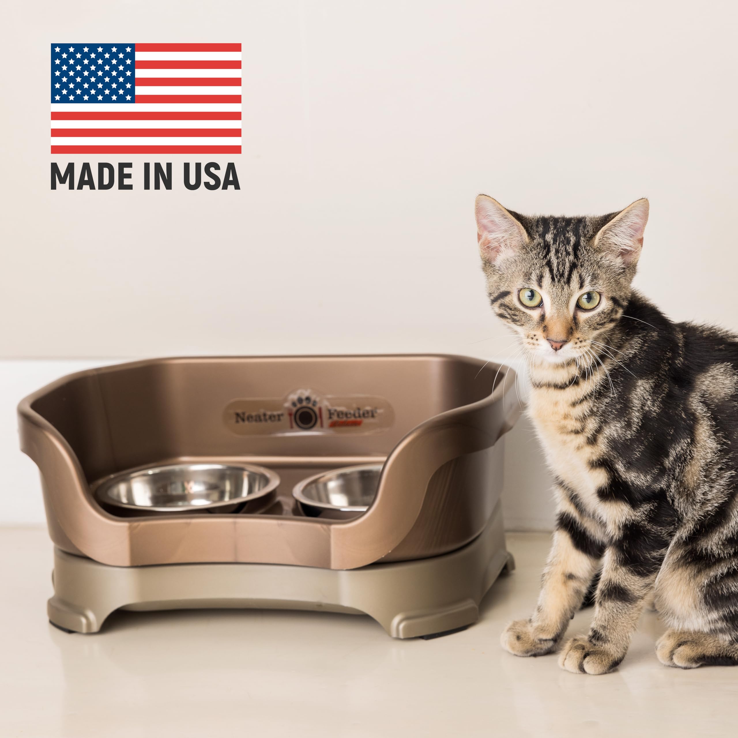 Neater Feeder Deluxe Mess Proof Cat Bowls Elevated for All Breeds - Made in USA - No Spill Raised Bowls for Indoor Cats - Stainl