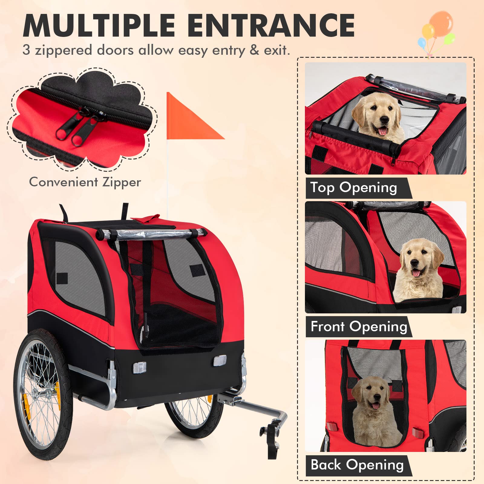Tangkula Dog Bike Trailer, Breathable Mesh Dog Cart With 3 Entrances, Safety Flag, 8 Reflectors, Folding Pet Carrier Wagon With 20 Inch Wheels, Bicycle Carrier For Medium And Small Sized Dogs (Red)