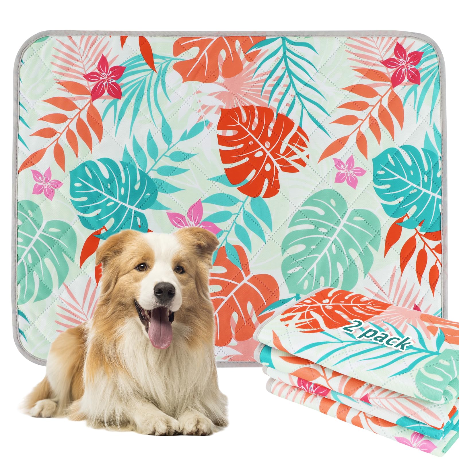 Bvagss Washable Pee Pads For Dogs, 2 Pack Absorbent & Non-Slip Waterproof Green Palm Leaves Reusable Pee Pads (36X48 Inch)