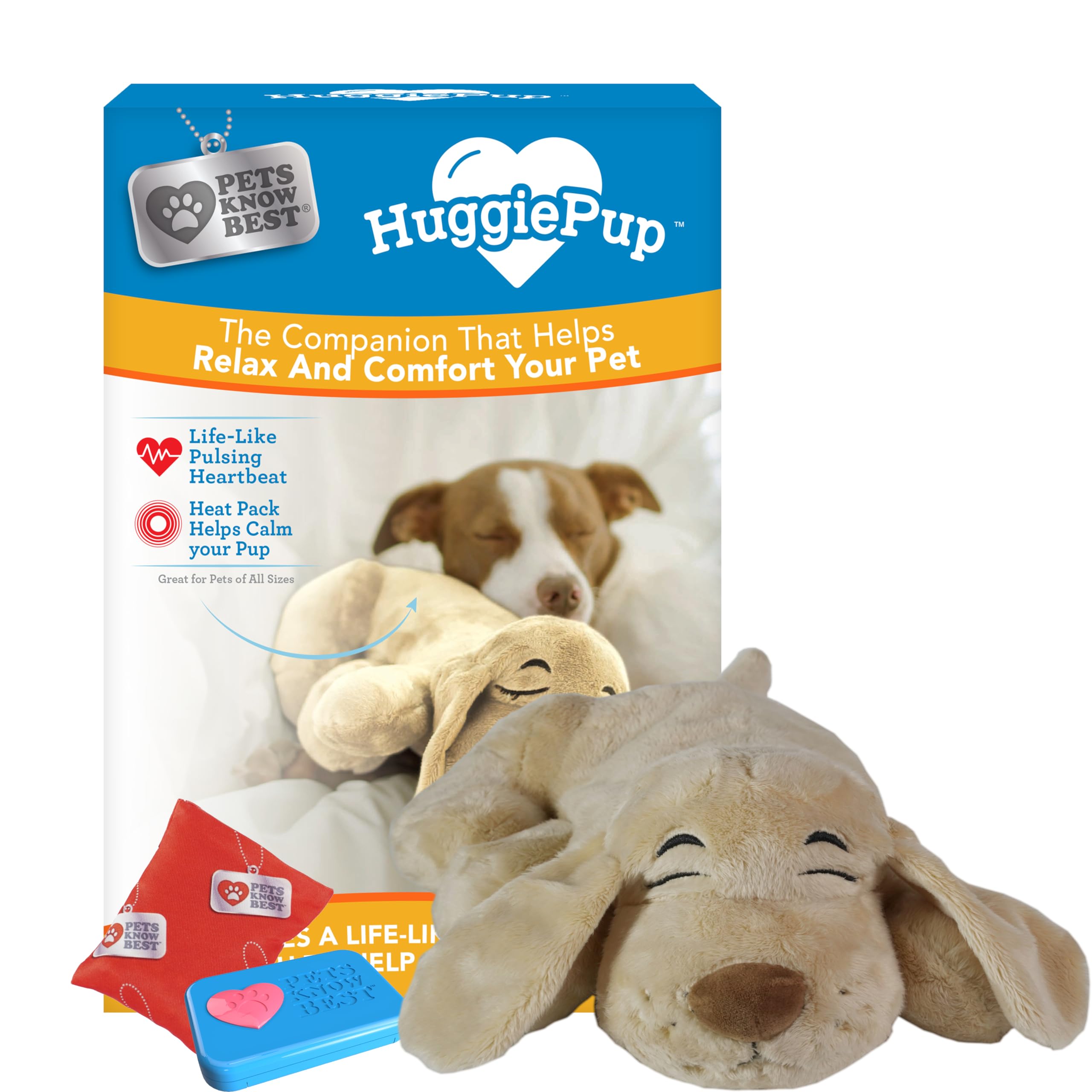 Pets Know Best Huggiepup Cuddly Puppy Behavioral Aid Toy, Great For Crate Training- Pulsing Heartbeat, Heating Pack- Golden Dog