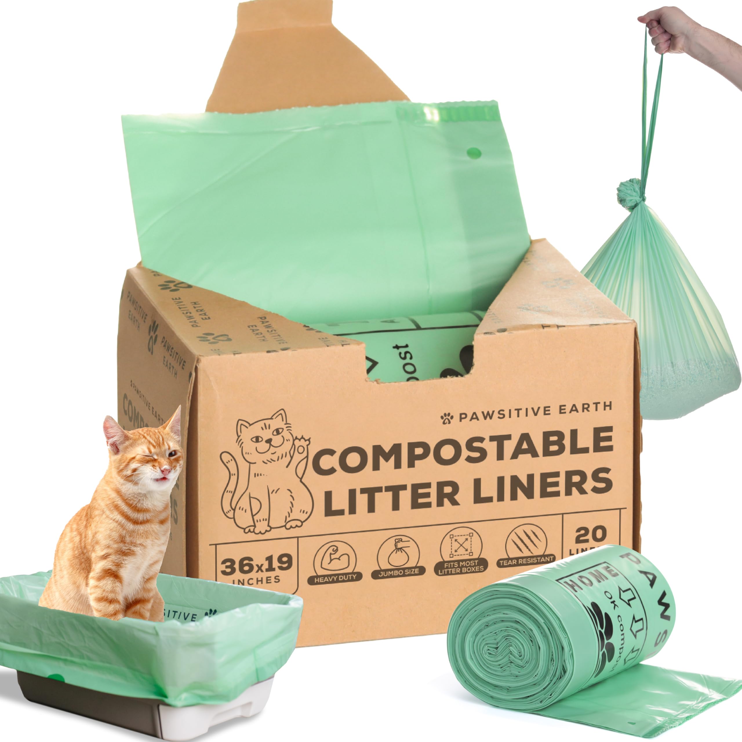 Cat Litter Box Liners 100% Compostable - Drawstring Close - 20 Count - Jumbo Size 36'' X 19'' - Tear & Leak Resistant - Ok Compo