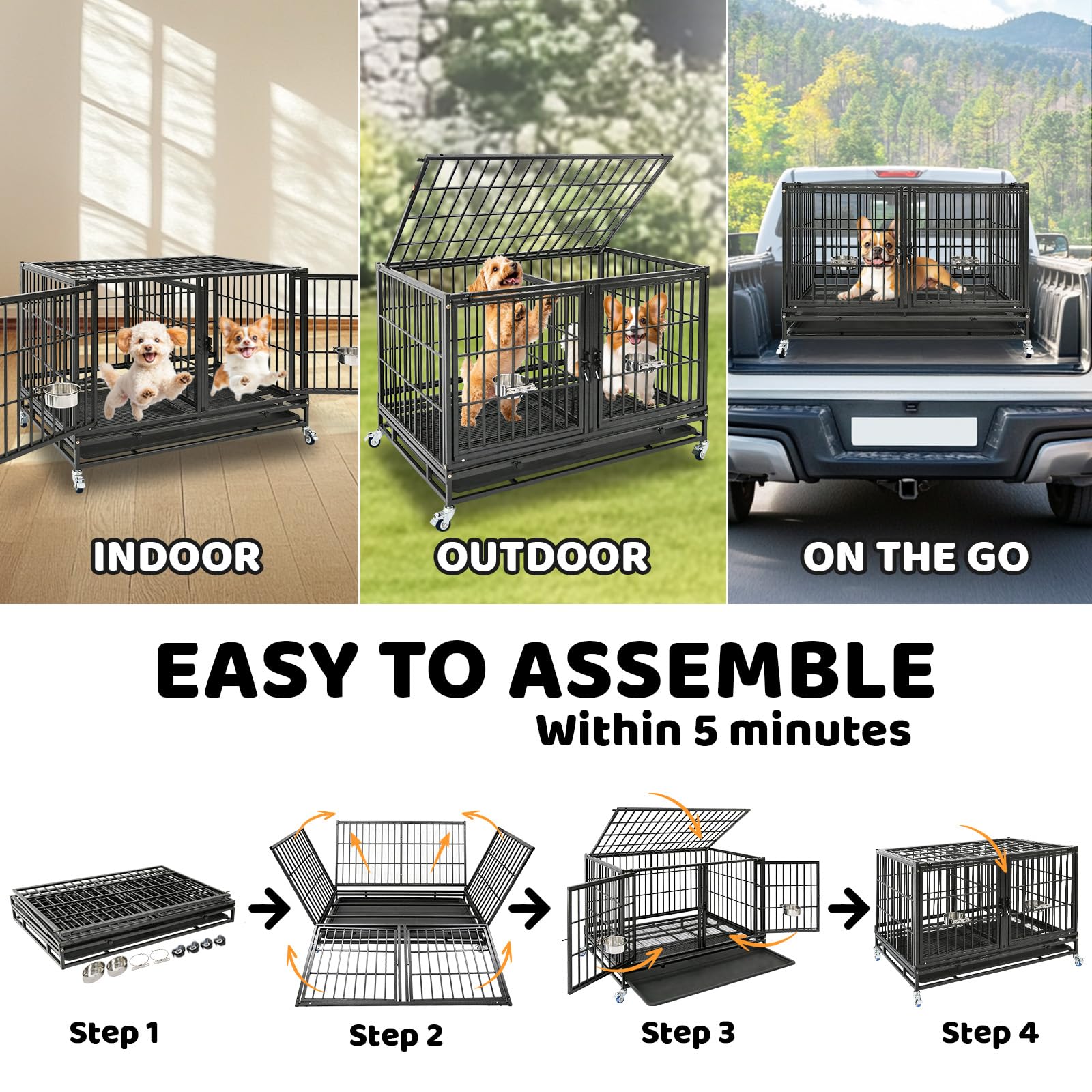 Homey Pet 4 Pack Three Tiers 43 inch Dog Crate with Wheels, Stackable Heavy Duty Indestructible Steel Dog Cage Kennel Indoor wit