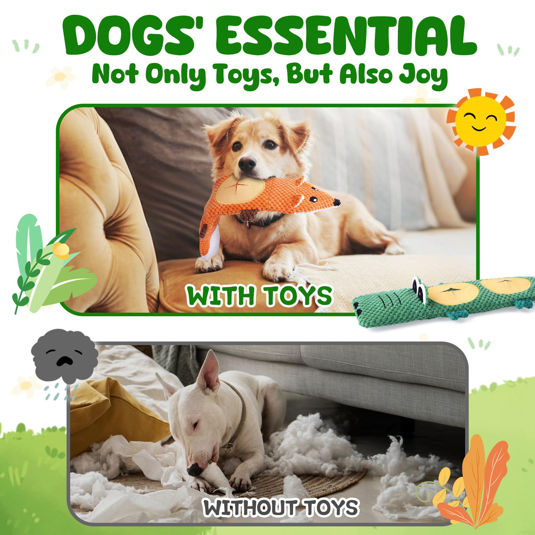 XIUGOAL Dog Toys for Aggressive Chewers, 2 Pack No Stuffing Interactive Dog Toys for Boredom and Teething, Squeaky Chew Toy for