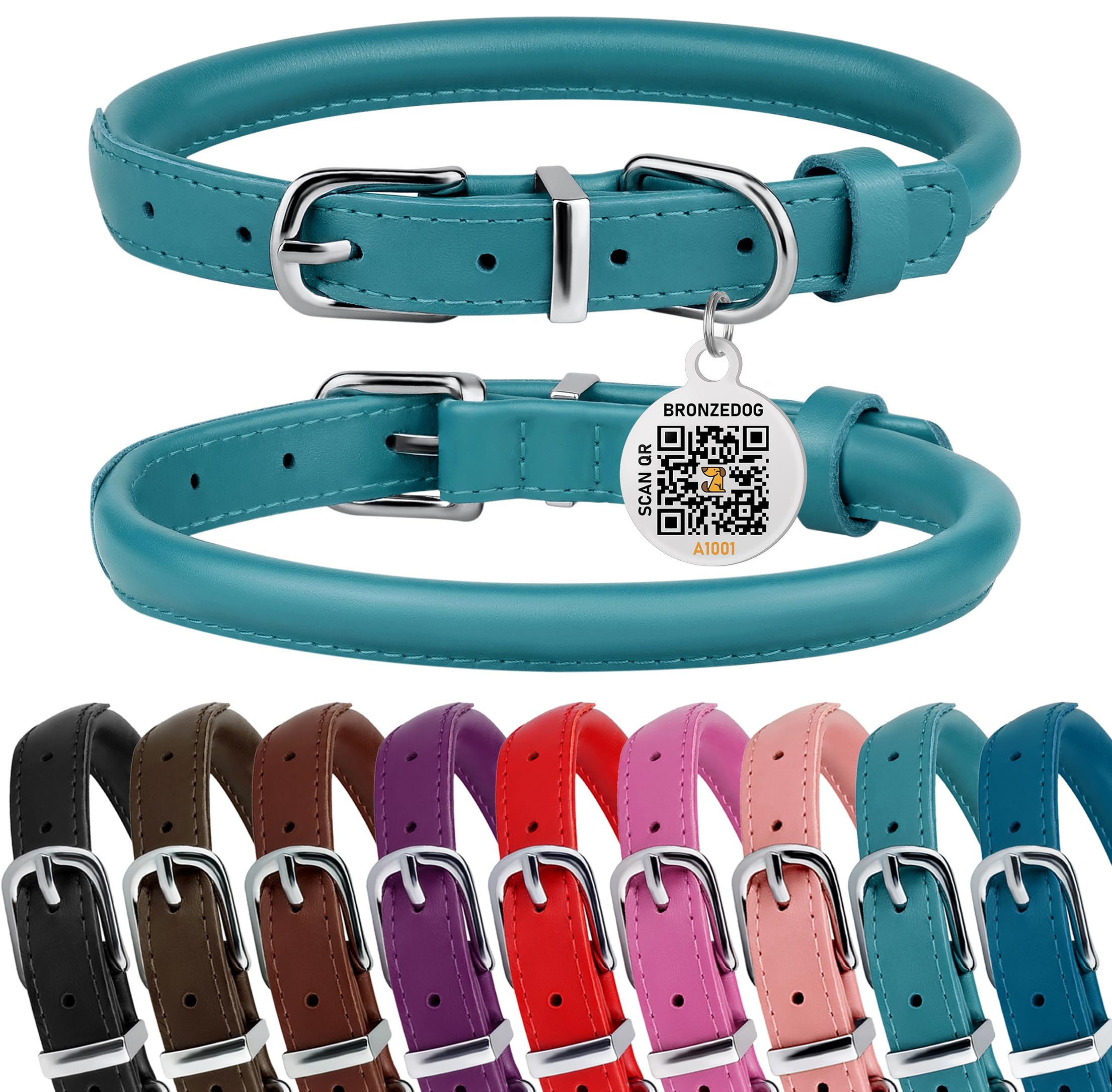 Bronzedog Rolled Leather Dog Collar For Small Medium Large Dogs With Qr Id Tag (M: 14-16 Inch, Teal)