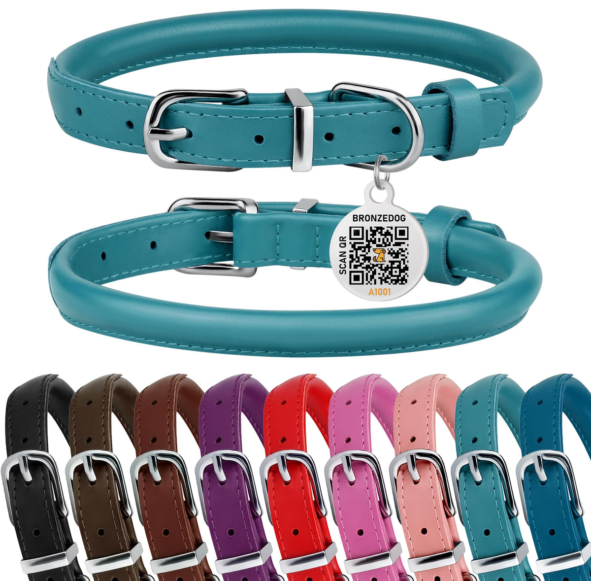 Bronzedog Rolled Leather Dog Collar For Small Medium Large Dogs With Qr Id Tag (L: 16-18 Inch, Teal)